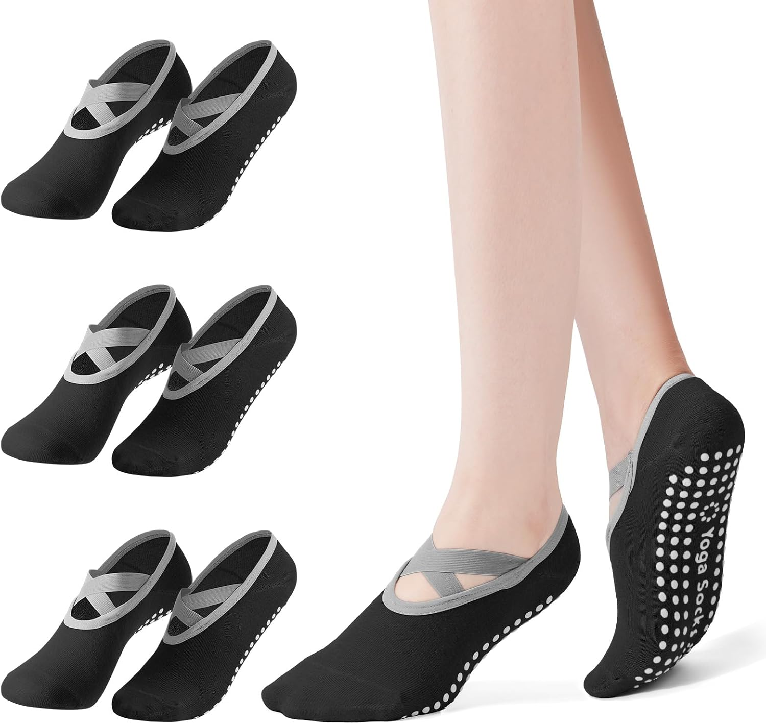 3 Pairs Pilates Socks with Cross-Straps for Women, Anti-Slip Pilates & Yoga Socks with Grips for Ygoa, Barefoot Exercises, Hospital, Indoor Workouts