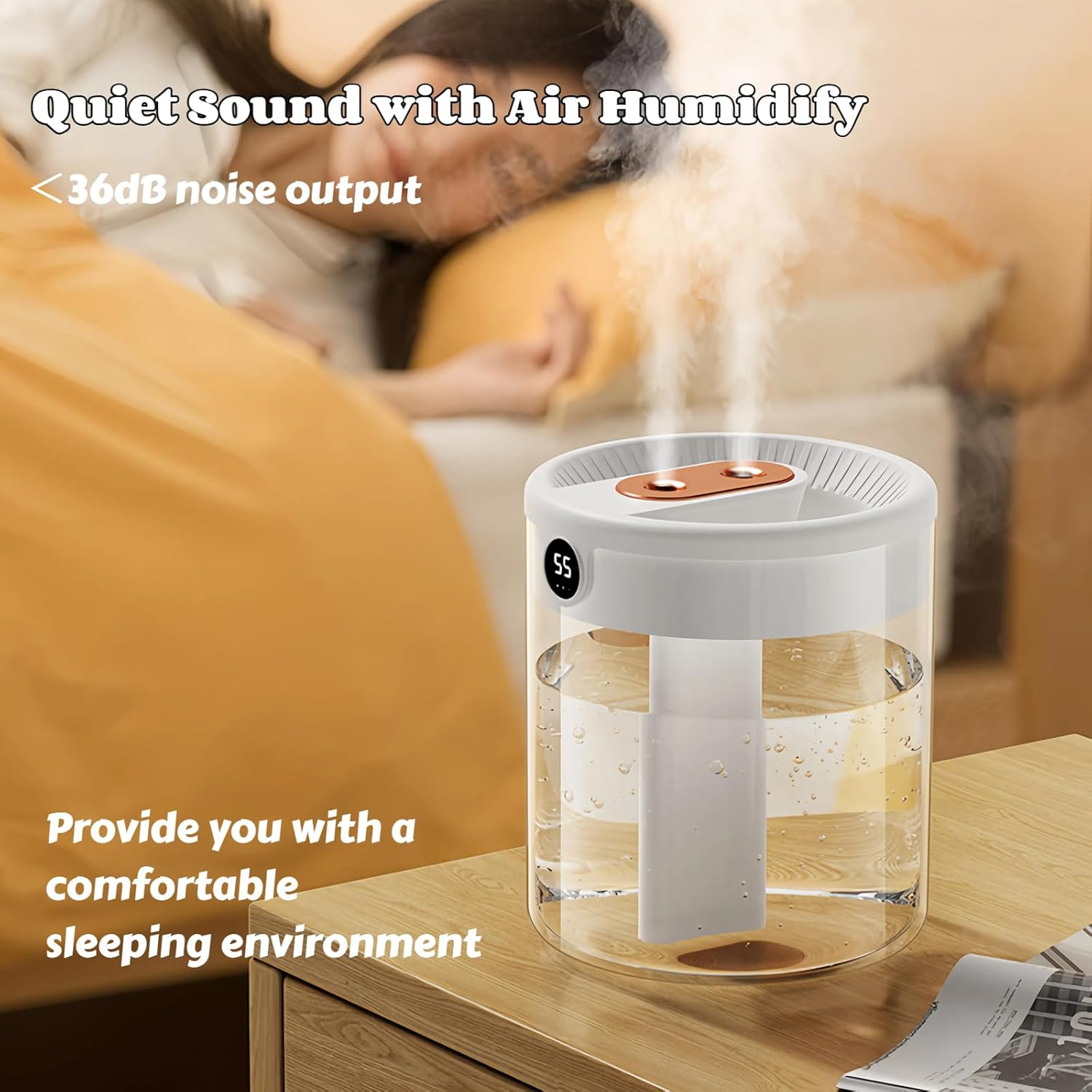 Humidifiers for Bedroom, 2L Cool Mist Humidifier with Humidity Display & Night Light, Ultra Quiet, Easy to Fill and Clean, Visible Water Tank, for Home, Office, Baby Nursery, Plants image number 2