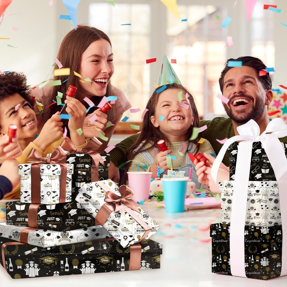 Rugwioyu Graduation Wrapping Paper 12 Sheets 20X27In Folded Flat Gift Wrapping Paper 4 Style Foil Funny Wrapping Paper Gift Wrapping Supplies Graduation Packaging Paper for 2025