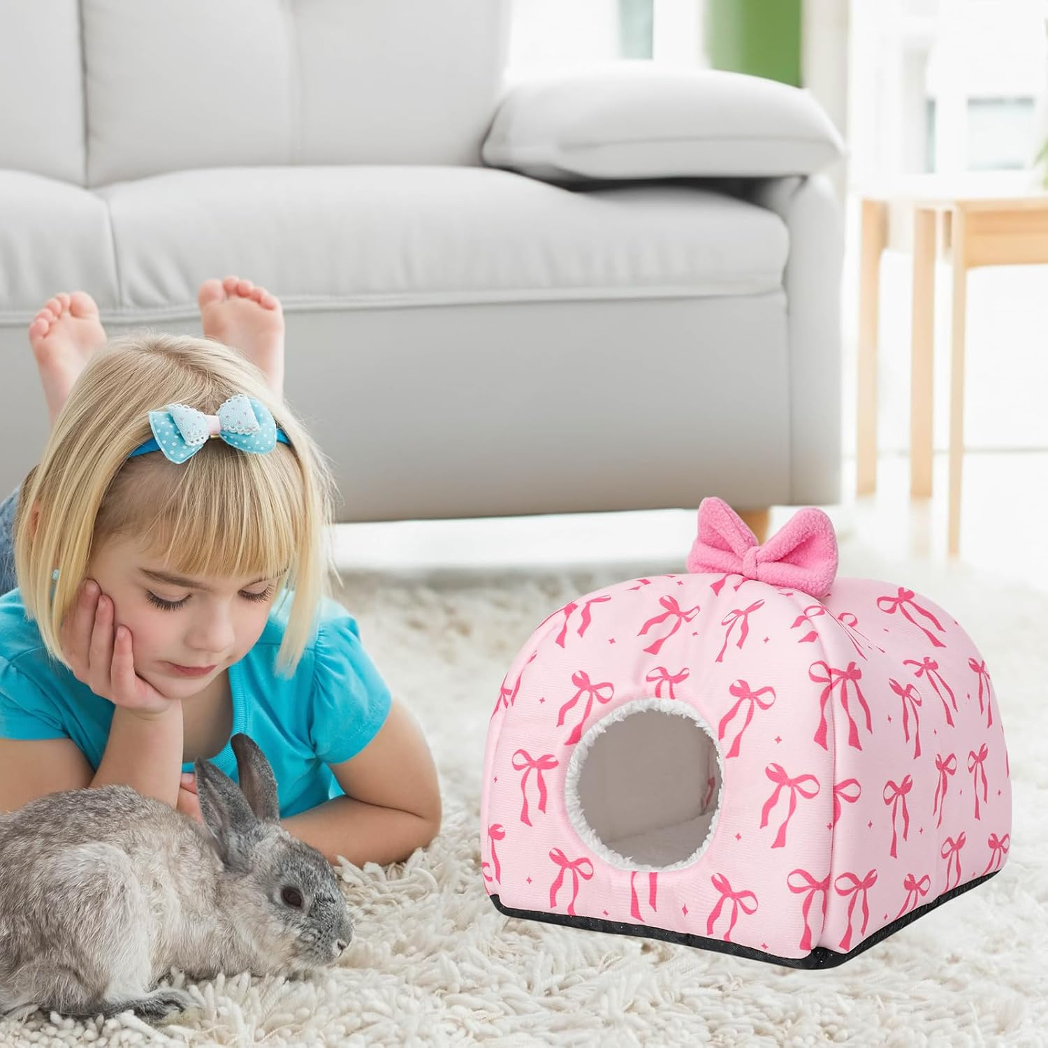 Jarthenaamcs Washable Guinea Pig House Bed Pink Bow Bunny Hideout Cage Accessories Reusable Hideaway for Ferret Hedgehog Small Animal, 9.5 X 9.5 X 8 Inch image number 2
