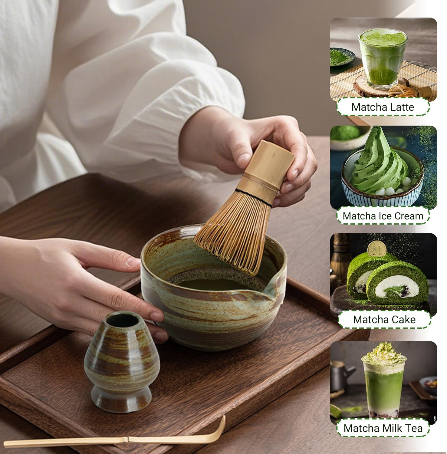 Matcha Whisk Set 7 Pcs- Japanese Traditional Tea Ceremony, Match Bowl with Spout, Whisk, Bamboo Scoop&times;2, Whisk Holder, Tea Cloth, Matcha Whisk Set Matcha Green Tea Making Kit (Classical Green) image number 4