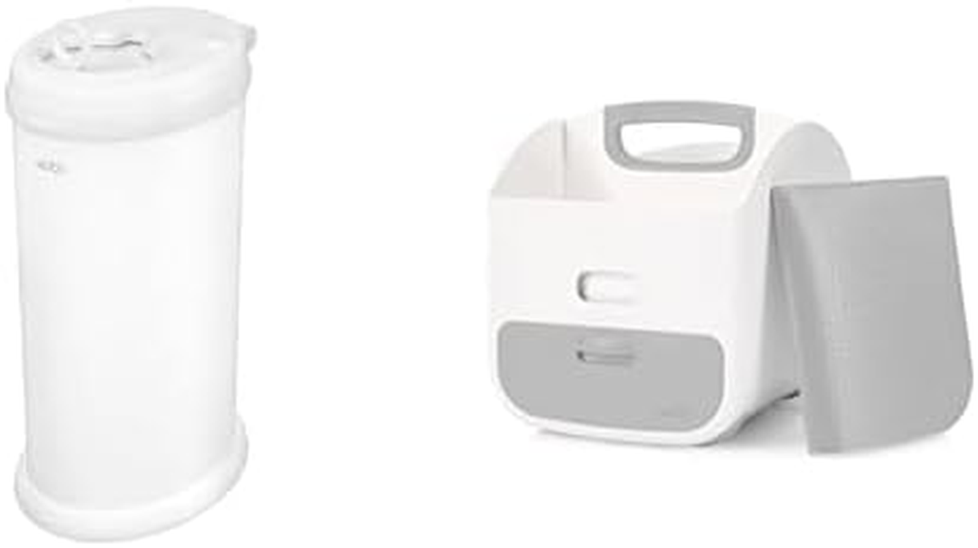 Ubbi Matte White Steel Diaper Pail and Portable Diaper Changing Station with Changing Mat