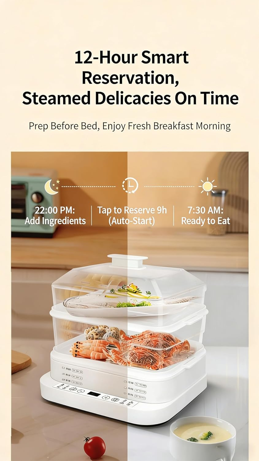 3-Tier 28L Electric Food Steamer, 800W, 220V, 50Hz, White, 320X285X400Mm, 12-Hour Smart Reservation, Multi-Function Steaming for Vegetables, Eggs, Chicken, Seafood image number 3