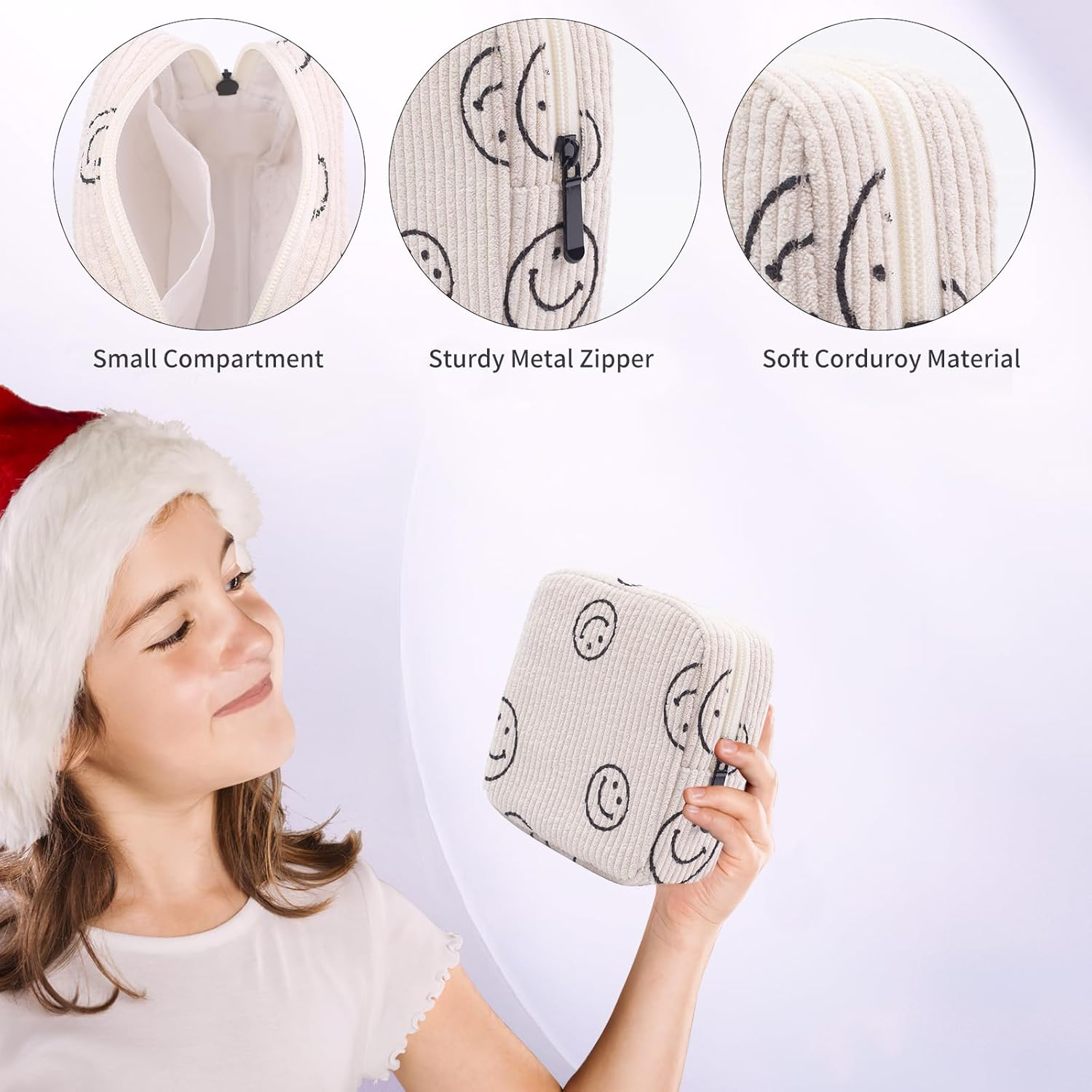 Teircno Sanitary Napkin Storage Bag,Preppy Corduroy Period Bag for Women, Cute Smiley Face,Portable Period Pouch with Zipper, Sanitary Pads Bag Tampons Holder for Purse, First Period - Brown image number 4