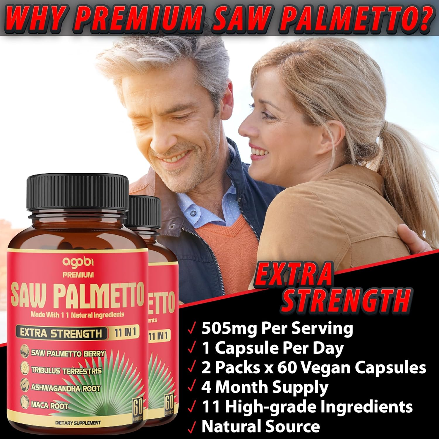 2 Packs 60 Counts 4 Months - Saw Palmetto Capsules 5300 Mg - 11In1 with Ashwagandha, Turmeric, Tribulus, Maca, Green Tea, Holy Basil & More - Extract for Prostate, Skin & Immune Support image number 2