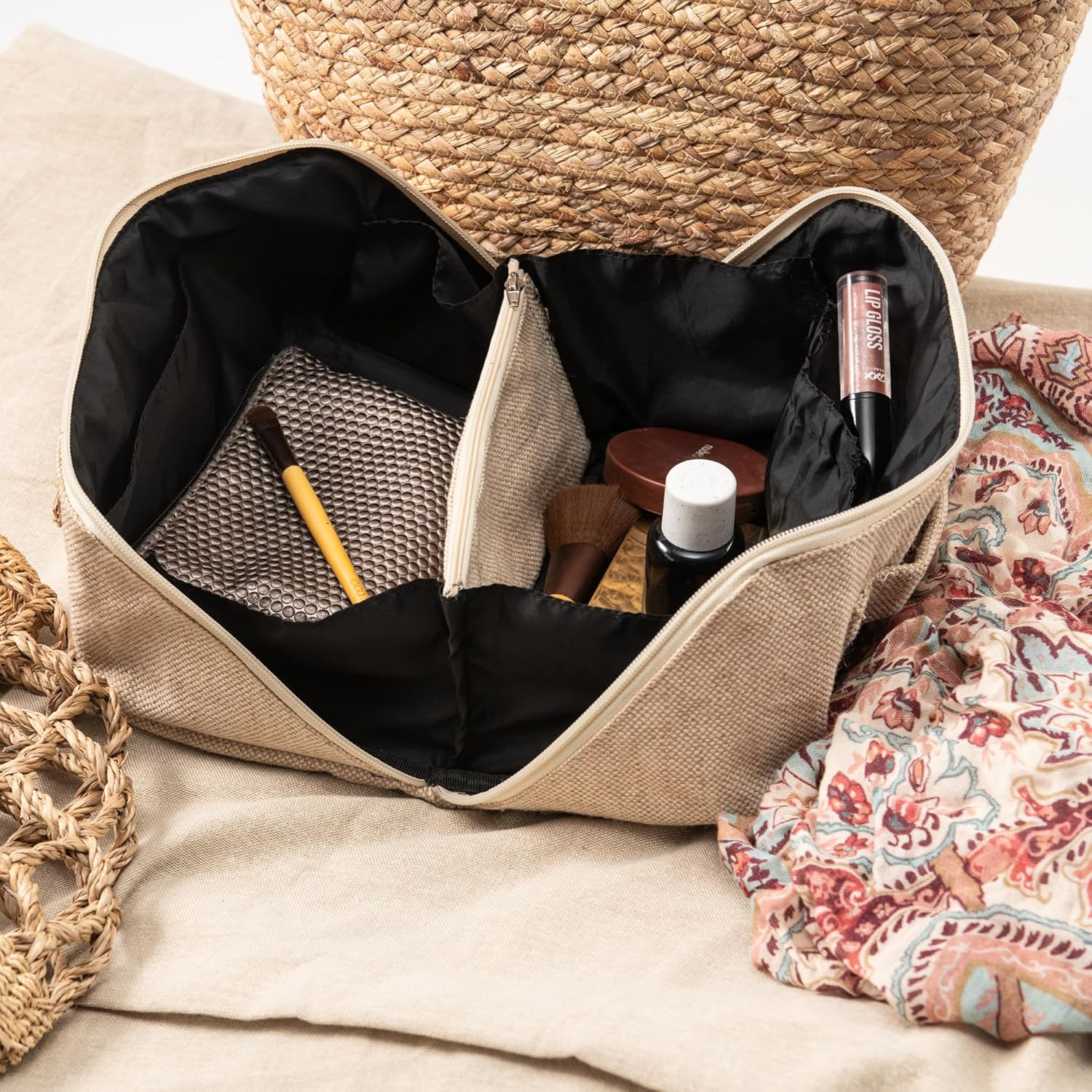 Travel Makeup Bag | Flat Lay Toiletry Organiser | Compact Storage for Cosmetics and Toiletries | Jute and Cotton | Sustainable Alternative to Nylon | Beige | Mika Creations image number 4