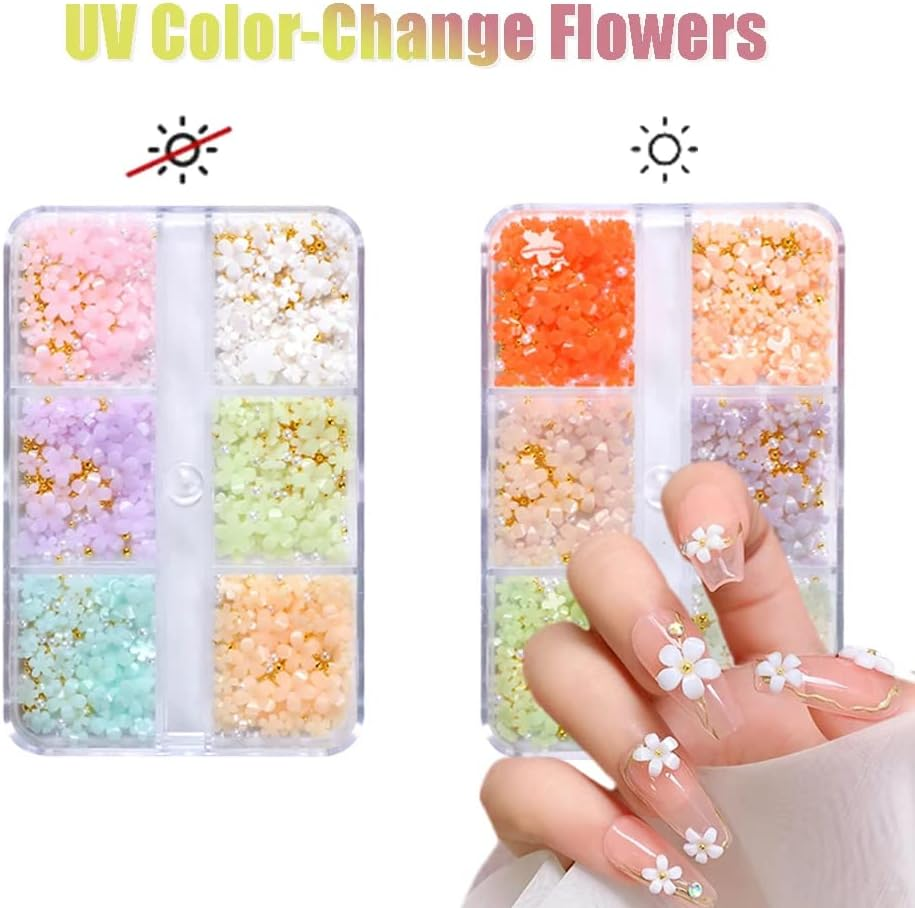 3D Flower Nail Art Charms, 6 Grids 3D Acrylic Nail Flowers Rhinestone Light Change Pink White Blue Cherry Blossom Acrylic Spring Nail Art Supplies with Pearls Manicure DIY Nail Decorations image number 2