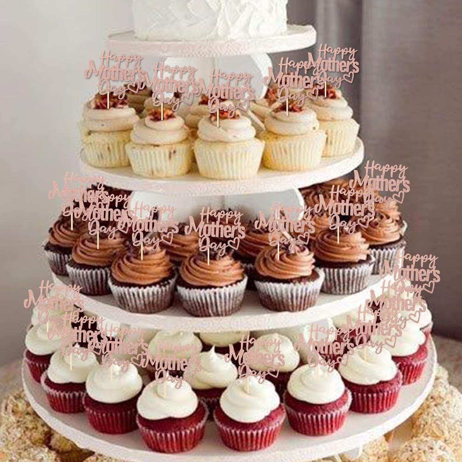 24 Pack Happy Mother'S Day Cupcake Toppers Glitter Hollow Heart Love Mother Best Mom Cupcake Food Picks Women Birthday Happy Mother'S Day Theme Party Cake Decorations Supplies Rosegold (#1) - 2 image number 3