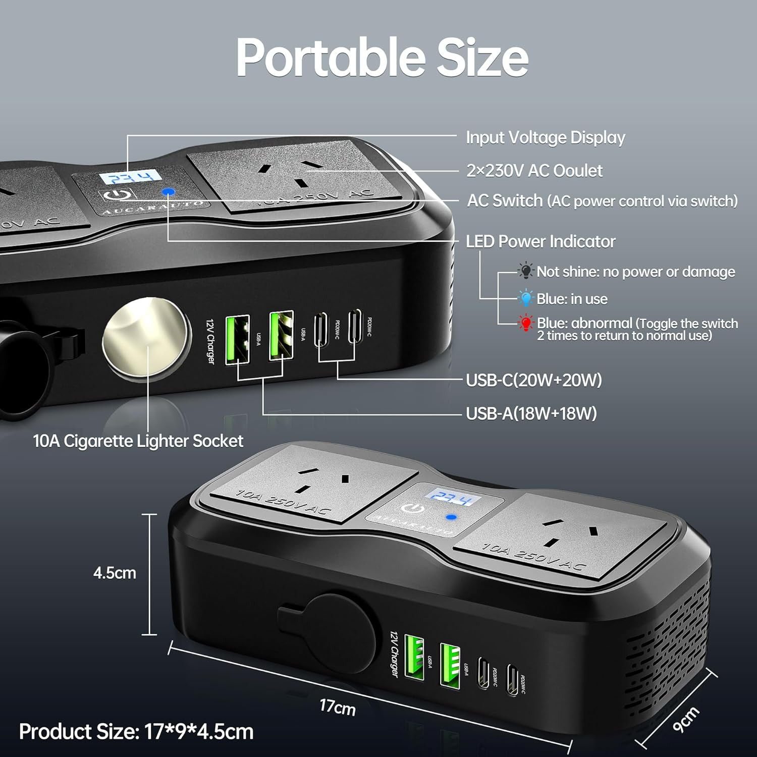 AUCARAUTO 200W Car Power Inverter, 7 in 1 Fast Charging Car Charger, DC 12V to 240V AC Car Plug Adapter Outlet with 10A Cigarette Lighter Splitter / 2 USB-A (18W) & Type-C Ports (20W) for Car Devices image number 4