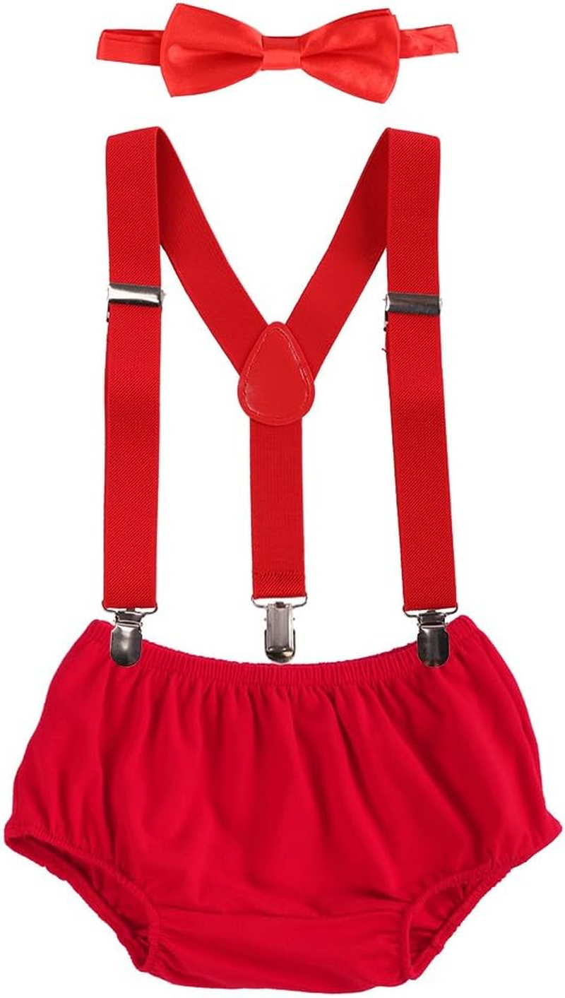 Baby Boys Cake Smash Outfit First Birthday Bloomers Bowtie Suspenders Clothes Set image number 2