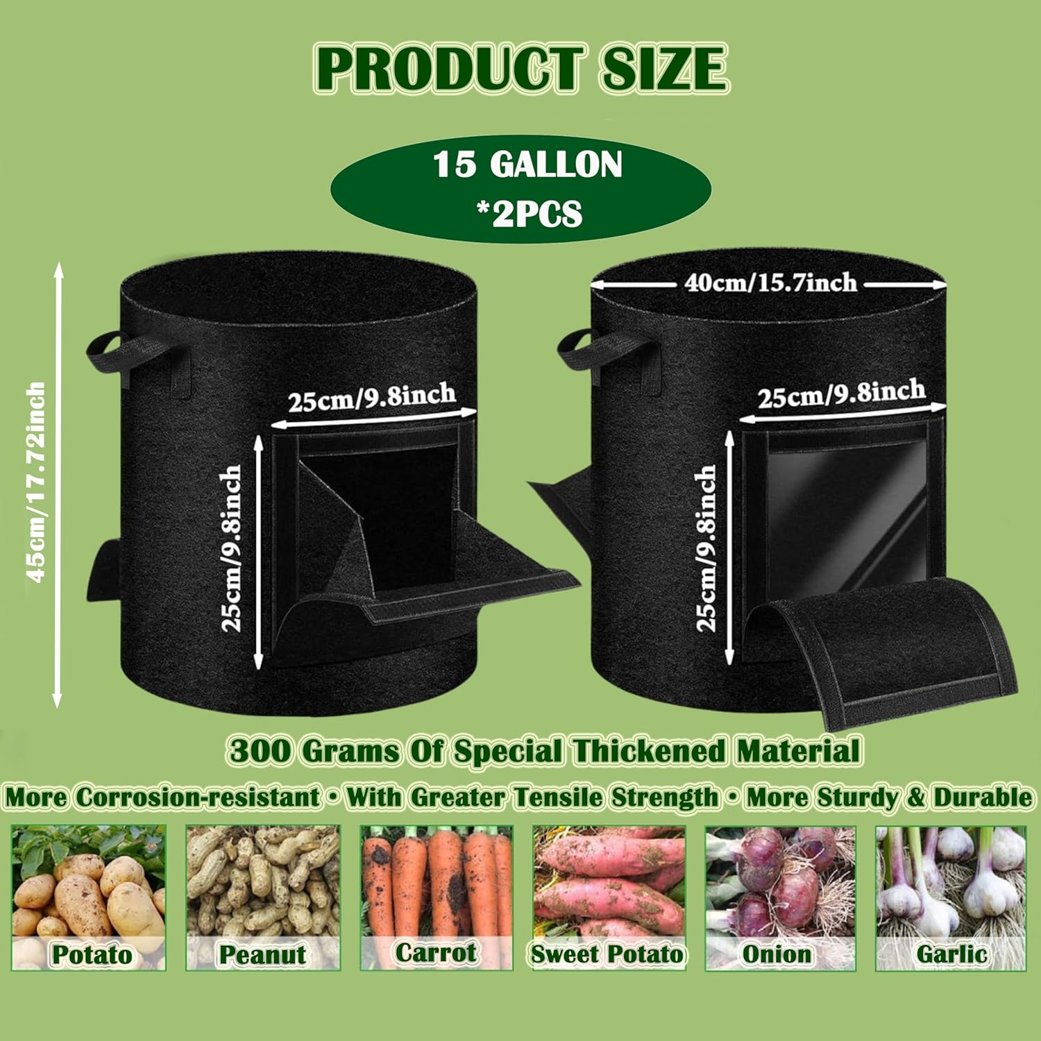 2-Pack 15 Gallon Potato Grow Bags - Plant Growing Bags with Handles & 2 Visible Flap for Potatoes, Carrots, Tomatoes and Other Vegetables image number 4