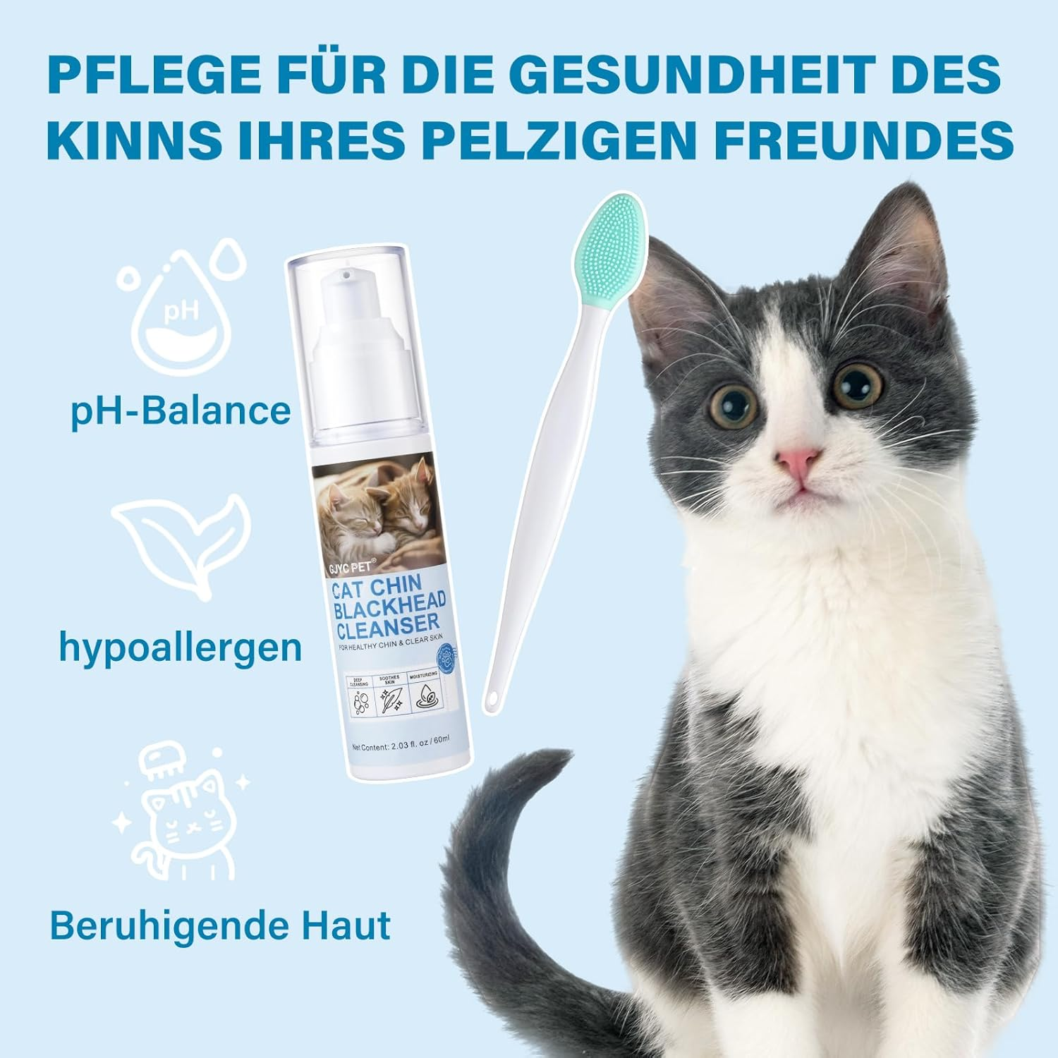 GJYC PET Cat Acne Cream & Cat Acne Brush, Cat Acne Chin Care Set - Gently Removes Cat Chin Blackheads, Nourishes Cat Chin Softness and Freshness, 60 Ml