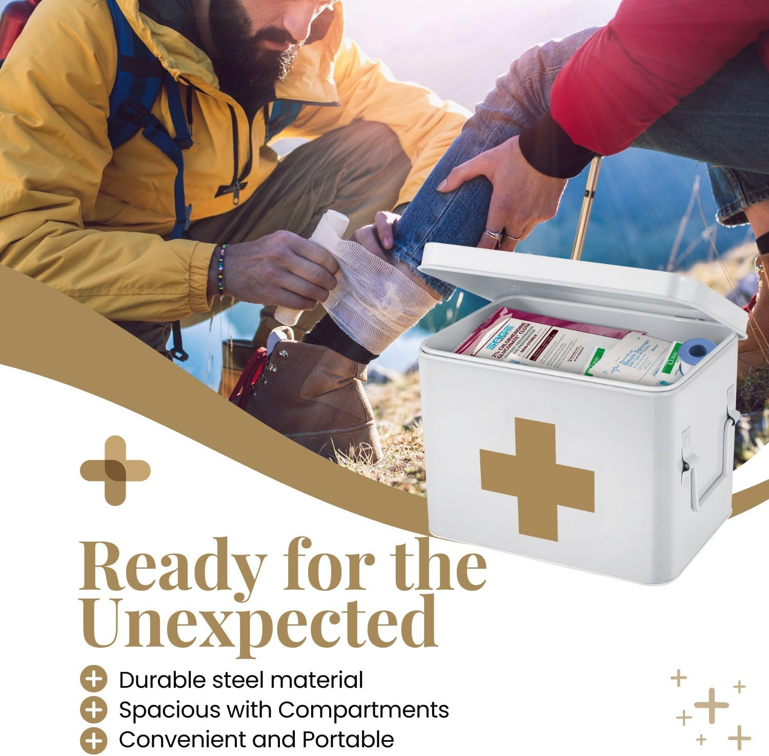 Flexzion First Aid Medicine Box Supplies Kit Organizer - Empty 8" White Metal Tin Medic Storage Bin Hard Case with Removable Tray Black Cross, Vintage Antique Boxes for Home Family Emergency Tool Set image number 3