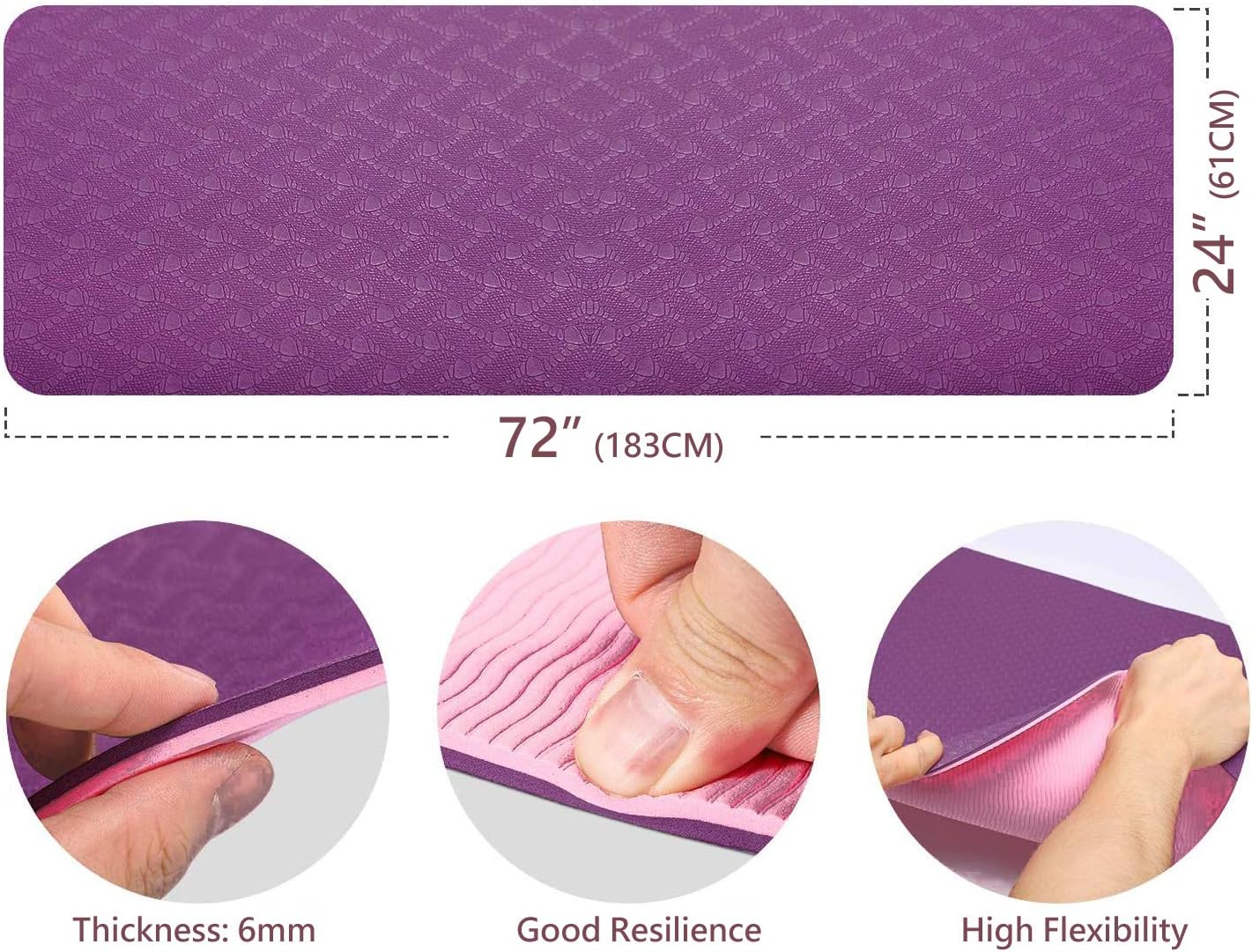 Dobetter TPE Yoga Mat Exercise Fitness Eco Friendly Non Slip Dual Layer +Carry Bag (Dark Purple)