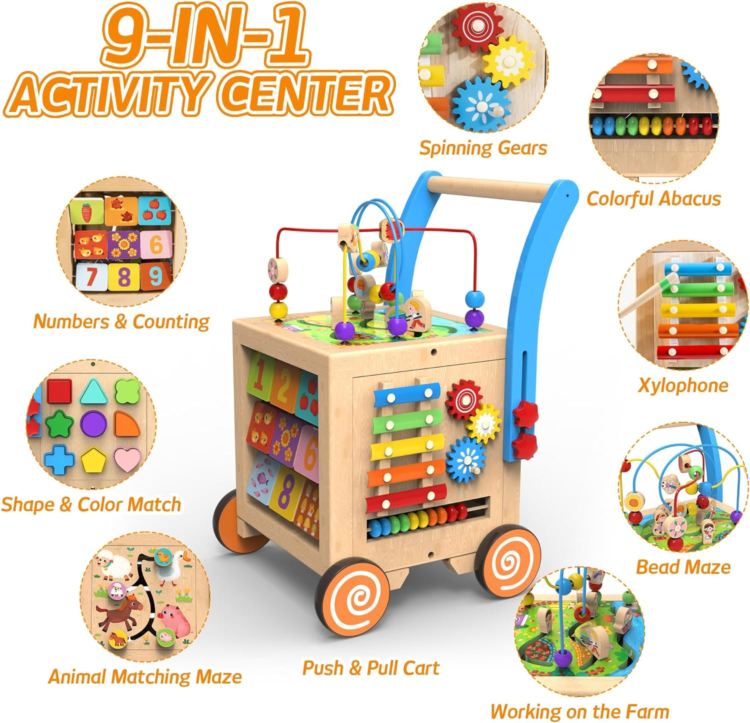 Wooden Baby Walker Activity Center Cube Sit-To-Stand Learning Farmyard Push & Pull Educational Toys Set Birthday Xmas Baby Toddler Boys Girls Age 12+ Months image number 1