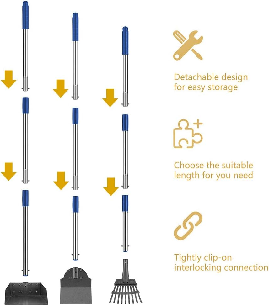 Dog Pooper Scooper Tray Shovel & Rake Kit,Pet Waste Removal Scoop with Long Adjustable Sectional Stainless Handles,Portable Large Dog Poop Picker Upper, Walks, Grass & Garden Leaves image number 5