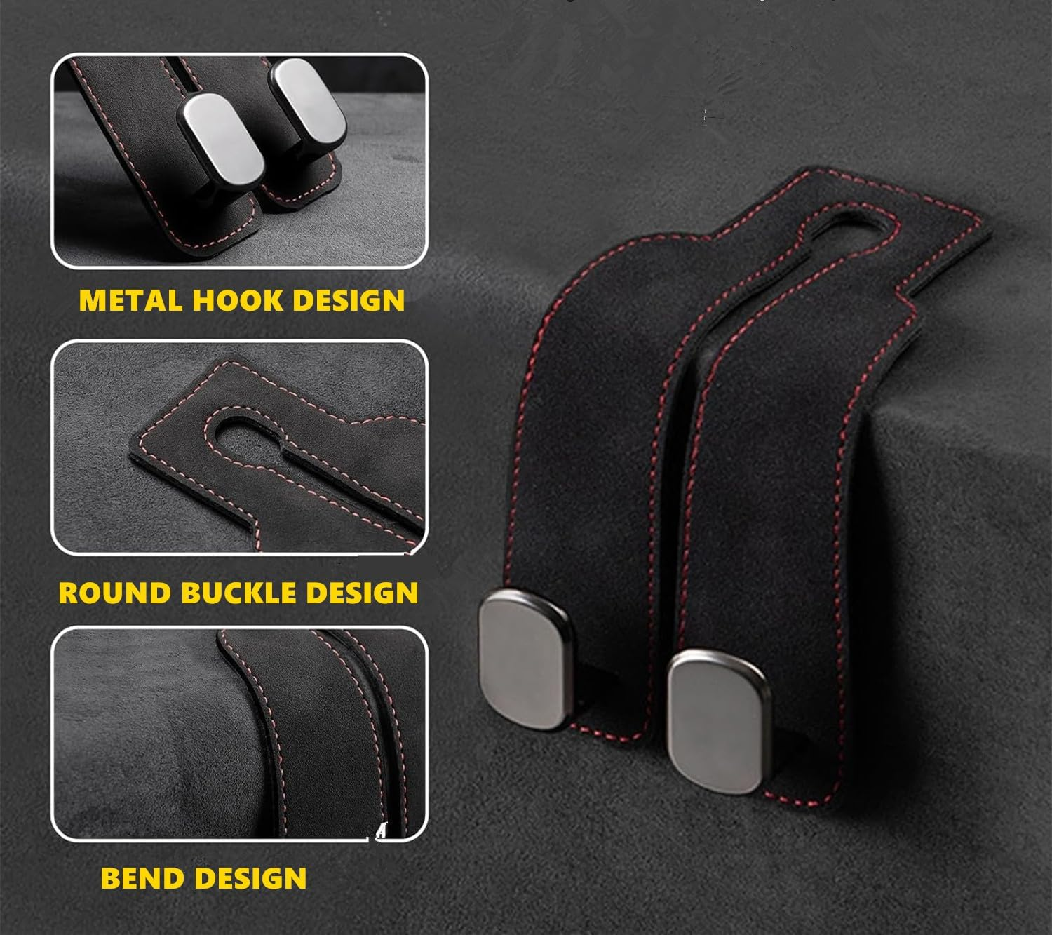 2 Pcs Leather Car Seat Headrest Double Hooks,Double Headrest Hooks Purse Holder & Mobile Phone Holder, Car Hanger Storage Car Seat Back Organizer for Bags, Purses, Handbags(Black) image number 1