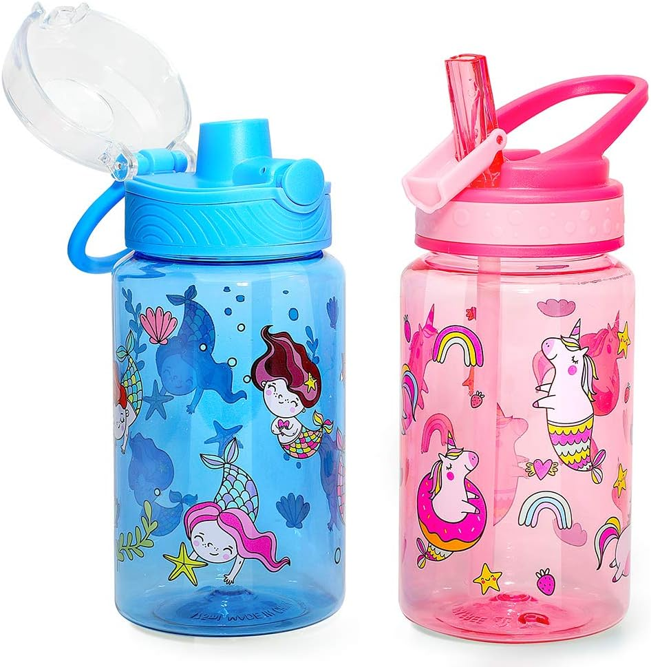 Home Tune 16Oz Kids Water Drinking Bottle - Tritan BPA Free, Flip Straw Lid, Wide Mouth, Carry Loop, Lightweight, Leak-Proof Water Bottle Cute Design for Girls & Boys - 2 Pack Unicorn & Flamingo image number 4