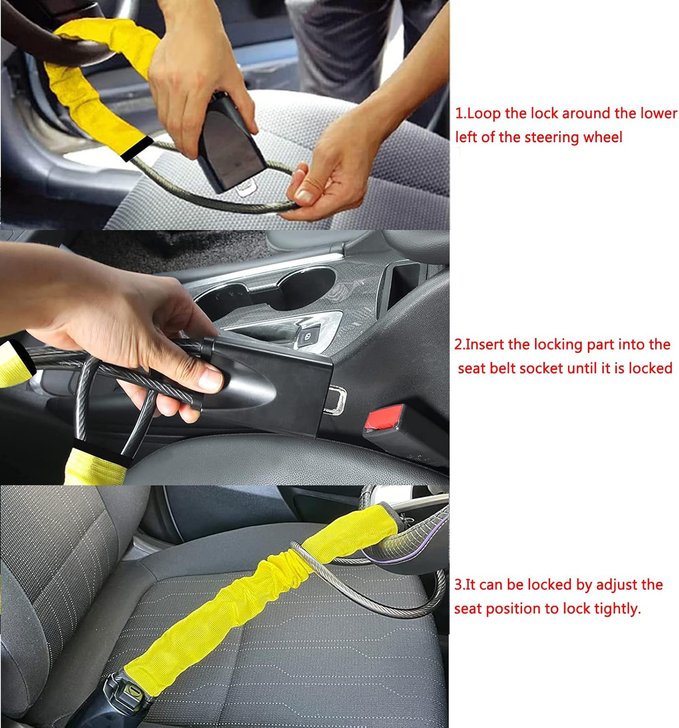 ASENDIWAY Steering Wheel Lock Seat Belt Lock anti Theft Device Car Lock Car anti Theft Prevention Security with 2 Keys Universal Fit Most Cars Vehicle Truck SUV Van (Yellow) image number 2