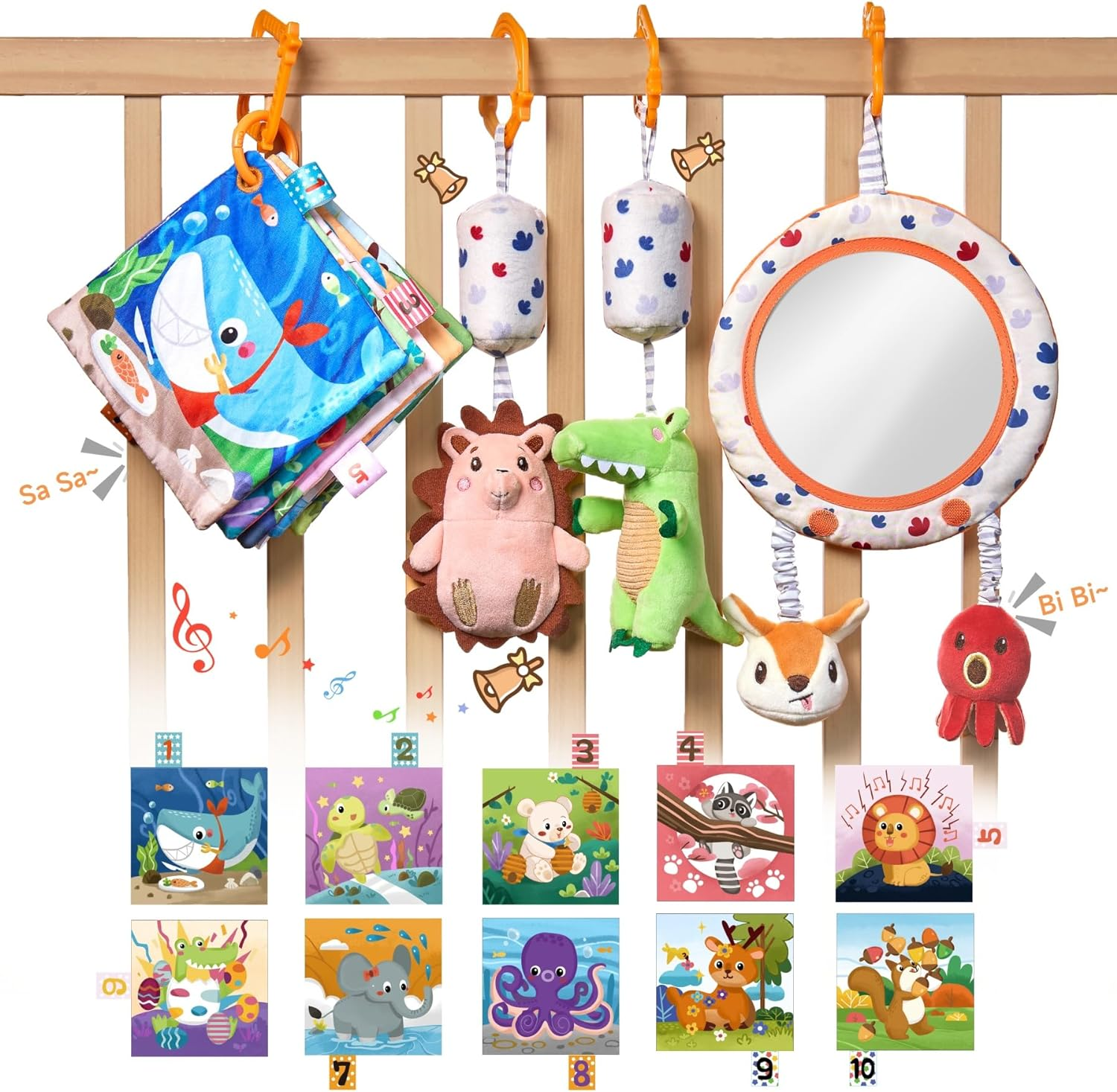 TUMAMA Kids Car Seat Toys for Babies 0-6 Months Rattle,Stroller Mobile Toys Mirror, Crinkle, Squeaky Newborn Baby Girl Boy Gifts image number 1