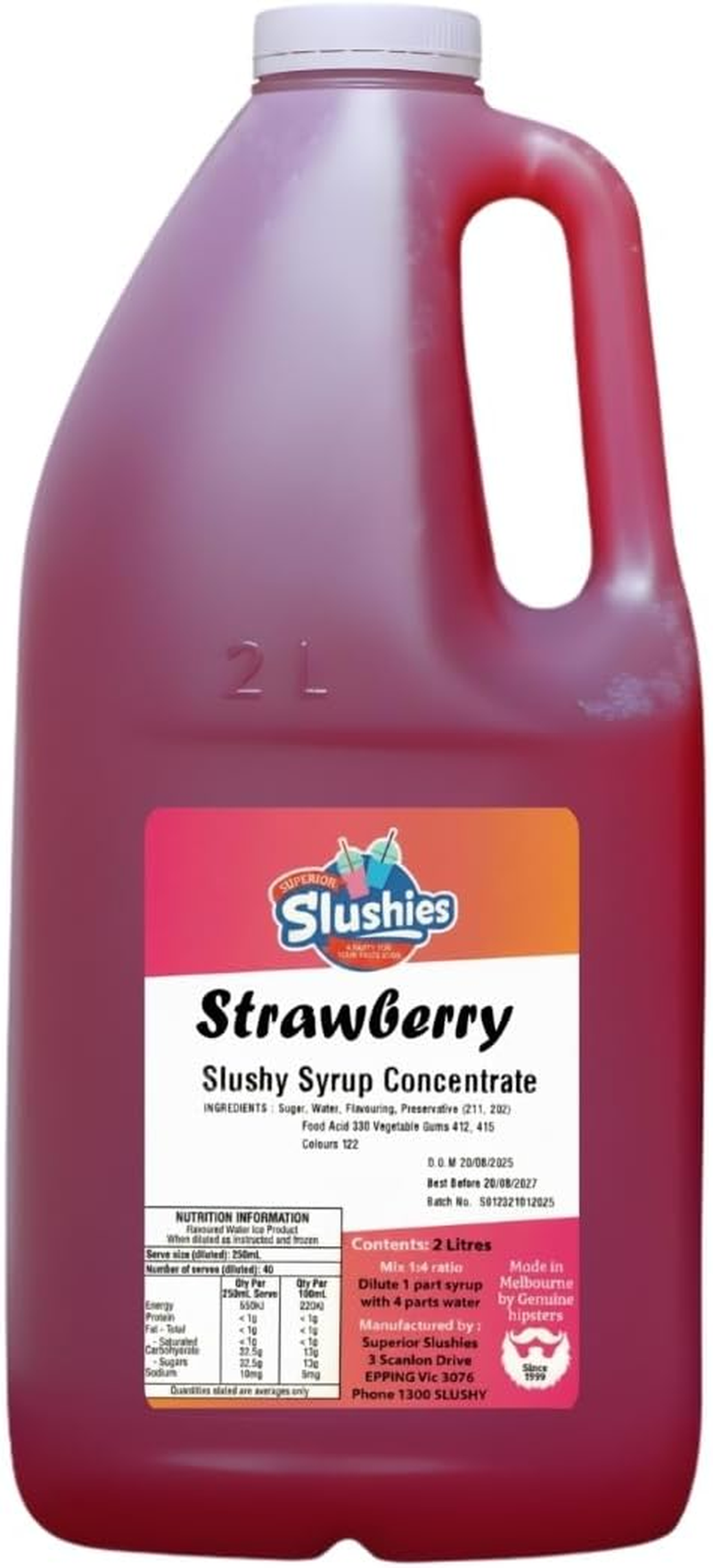 Superior Slushies Strawberry Slushy Syrup Concentrate &ndash; Premium Slushie Mix for Frozen Cocktail Machines &ndash; Great for Strawberry Daiquiris &ndash; 2L Bottle