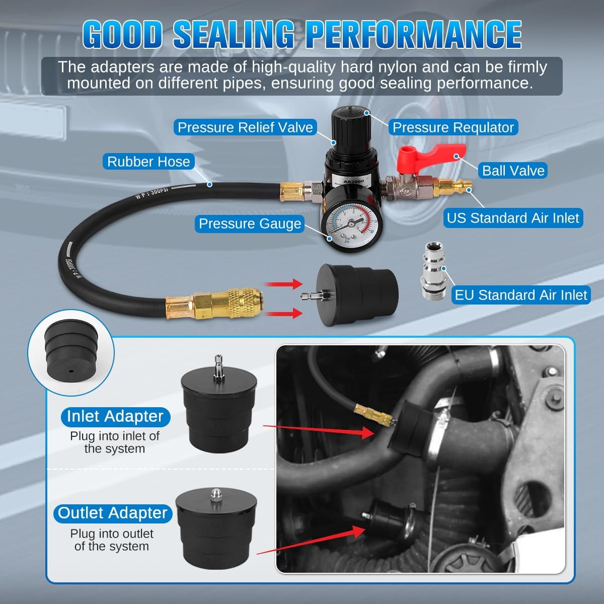 Turbo Boost Leak Tester Kit 10PC Boost Leak Tester Automotive Well-Sealed Turbo/Emission/Cooling System Pressure Leakage Tester with 4 Pairs of Stepped Adapters 1-3/8" to 3-1/2", US & EU Air Fitting image number 4