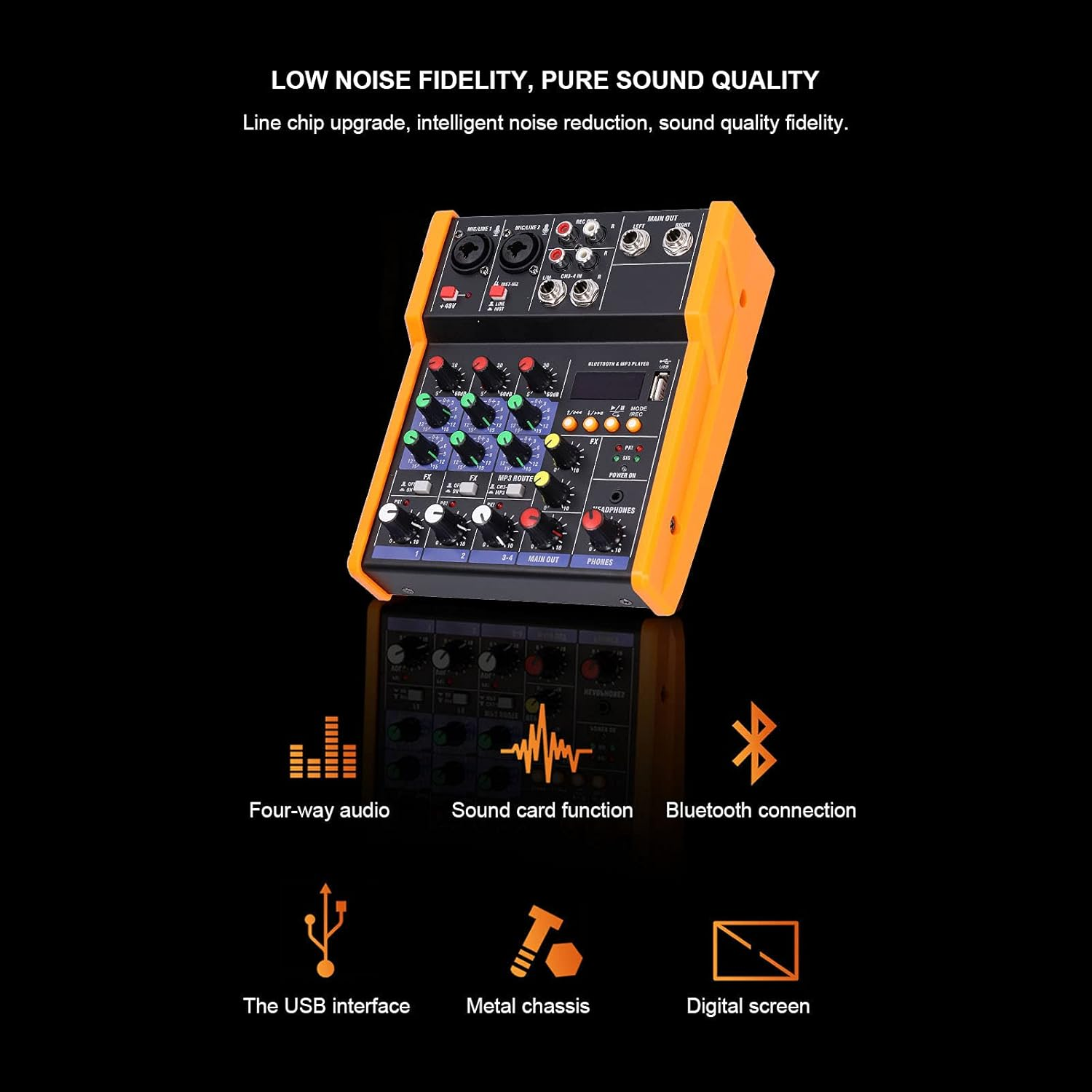 Audio Mixer, Professional Sound Board Console System Interface 4 Channel Support Mp3 /Wav/Lossless Ape/Flac Built in Digital Effect Processor, Compact Studio Mixer for Studio Recording DJ Console image number 3