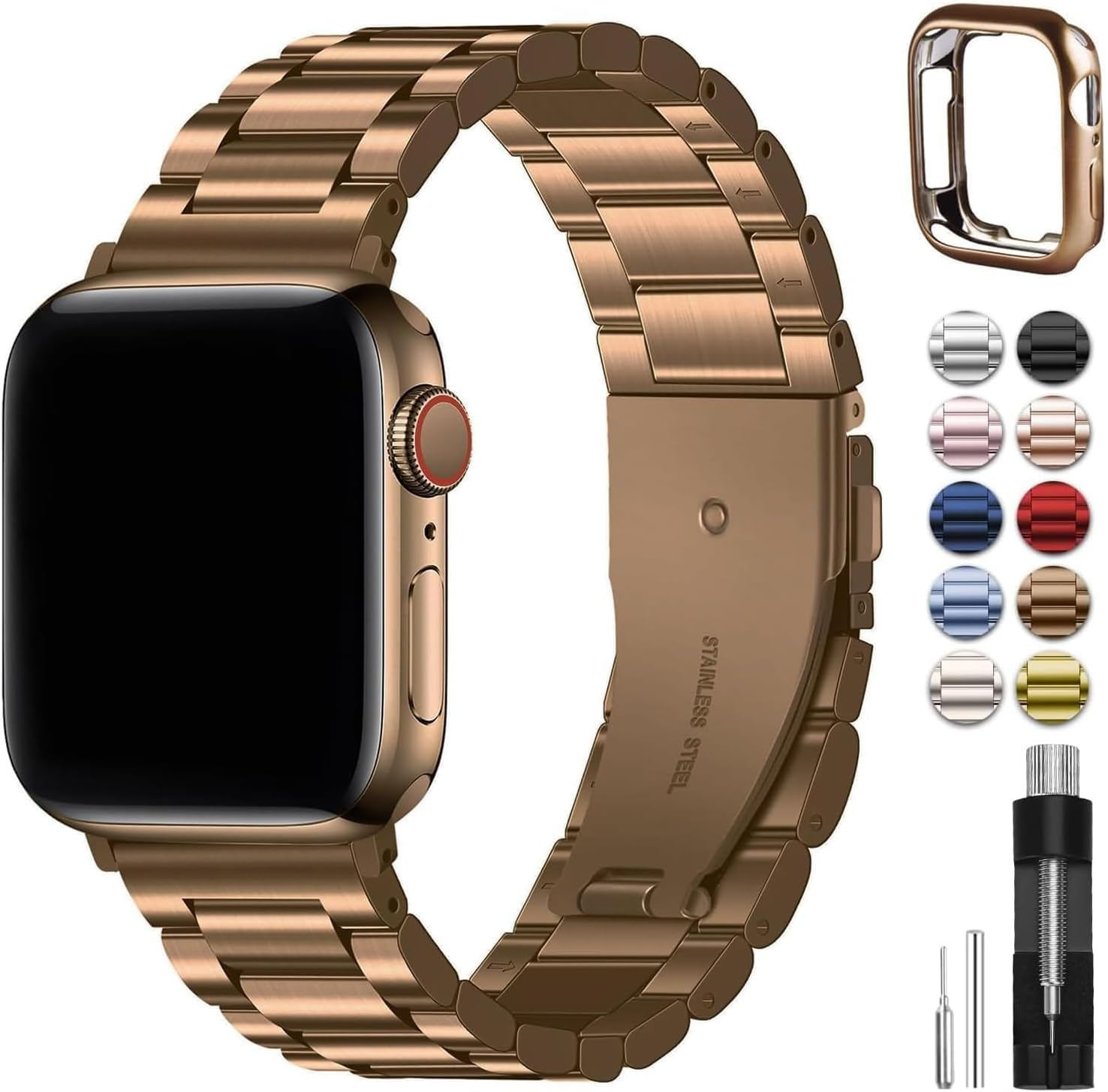 Fullmosa Compatible for Apple Watch Band 41Mm 40Mm 38Mm, Stainless Steel Iwatch Band with Case for Apple Watch Series 9 8 7 6 5 4 3 2 1 & Iwatch SE and SE 2, 41Mm 40Mm 38Mm Golden Coffee image number 4