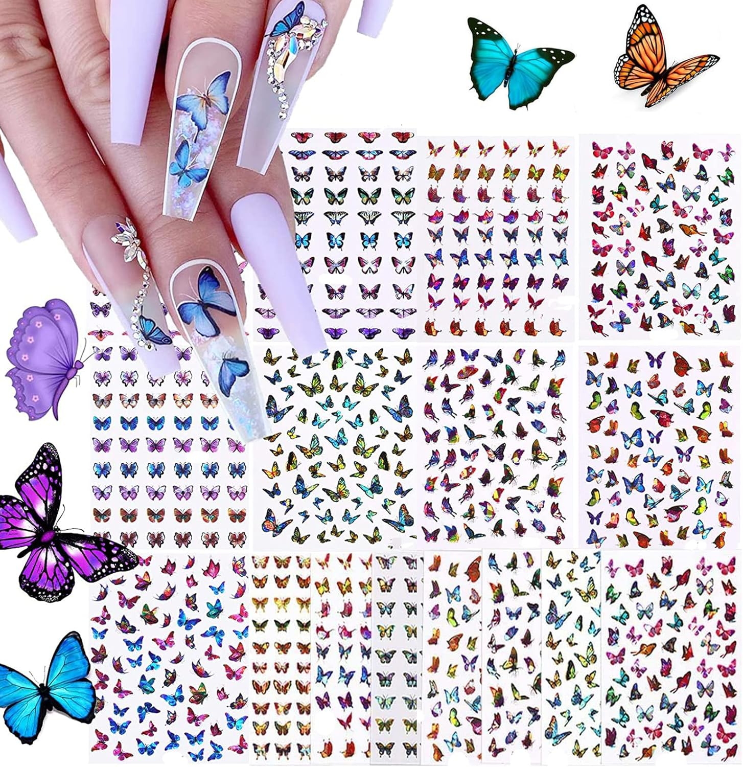Bogoro Nail Tattoos,48Pcs Nail Art Stickers Butterfly,3D Laser Butterfly Nail Stickers,Nail Art Tattoo Decals,Adhesive Assorted Patterns Butterfly Nail Decals for Women Salon Home Nail Tips Decoration image number 1