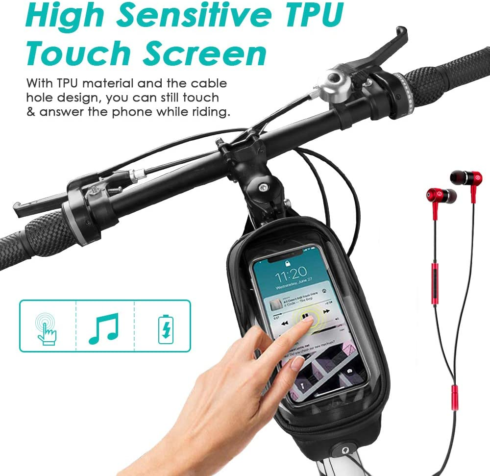 WOTOW Bike Frame Bag with Phone Holder, Waterproof Bicycle Front Top Tube Pouch Bike Phone Mount Pack Cycling Handlebar Bag with TPU Touch Screen Sun Visor and Headphone Hole for Smart Phone up to 6.5 image number 1
