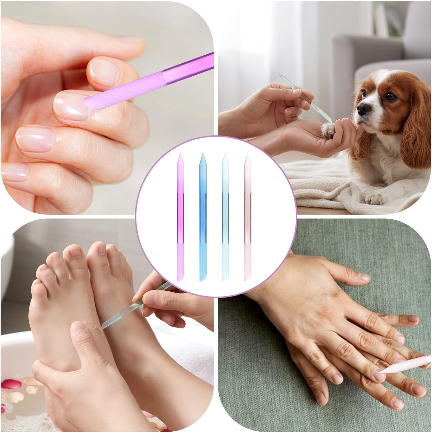 4PCS Glass Cuticle Pusher Tool, Dual-Ended Manicure Stick, Crystal Glass Nail File Women Professional Precision Filing Cuticle Remover Tools for Natural Nails & Cuticles Care (Purple Green Blue Pink)