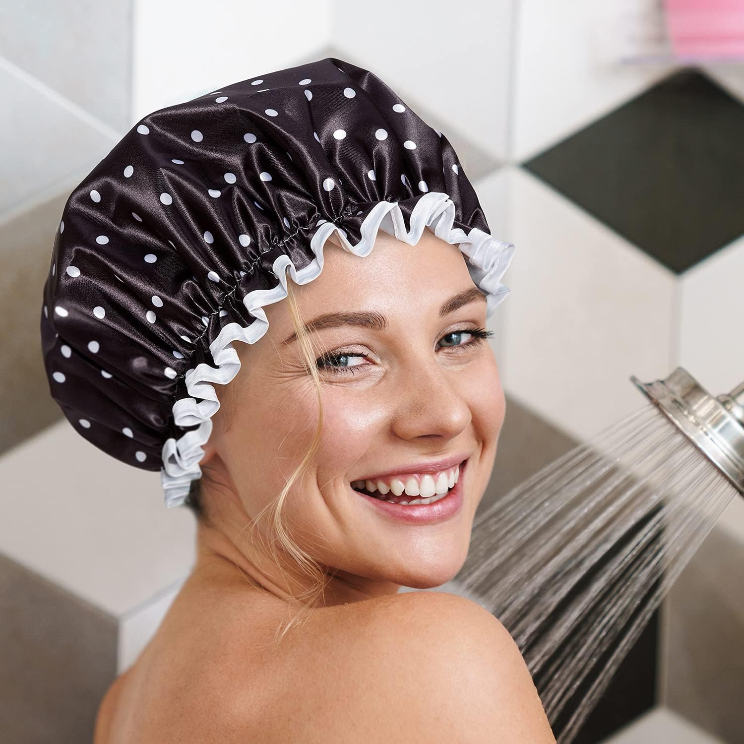 Bodylife Shower Cap Reusable Bath Cap Dual Layered Waterproof Mono Polka Dot 27Cm