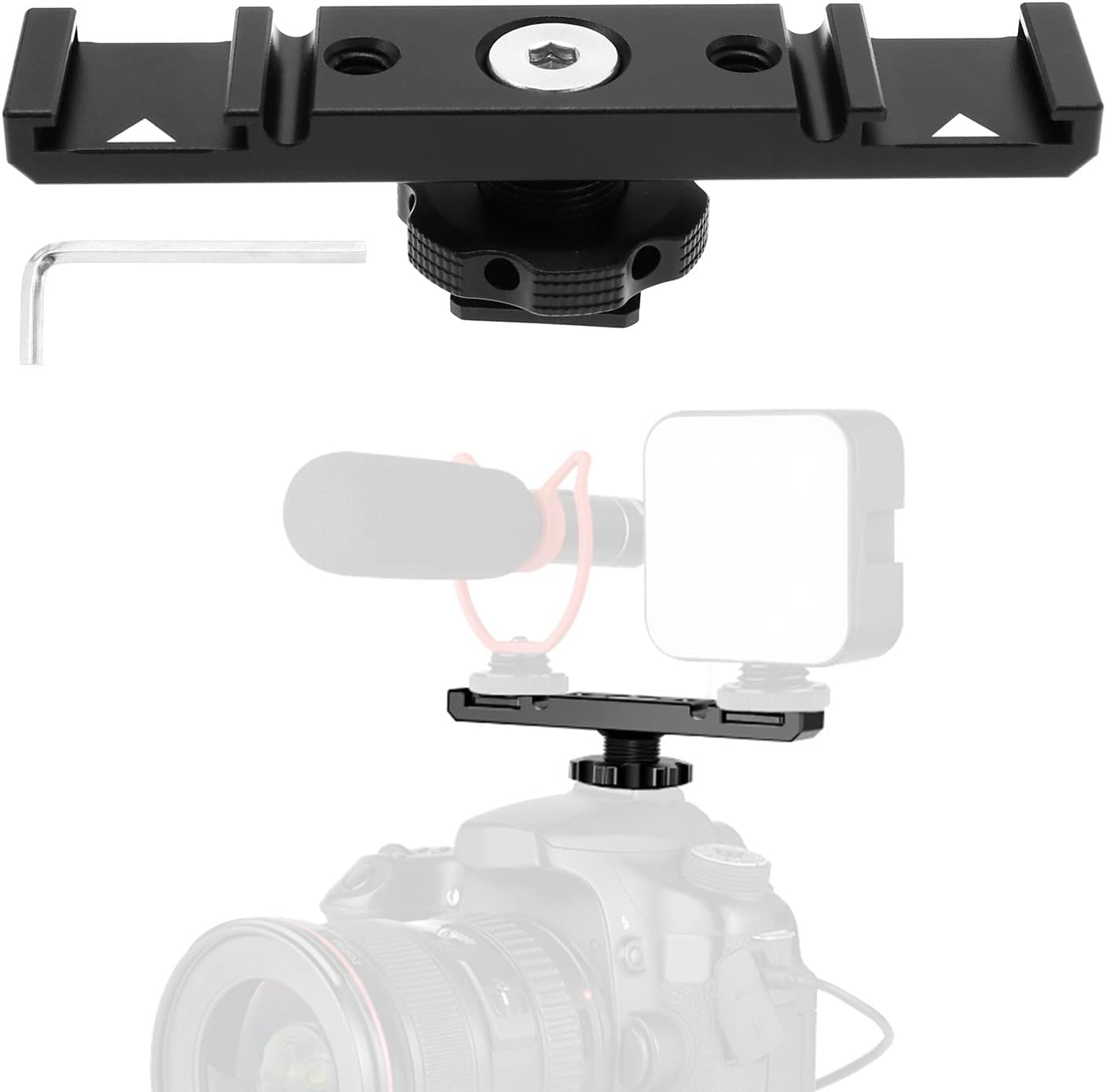 VGOL Hot Shoe Adapter Camera Dual Cold Shoe Mount Bracket Aluminum Alloy Hot Shoe Extension Bar for Microphone Flash LED Lights Monitors 1/4" Thread Hole image number 5