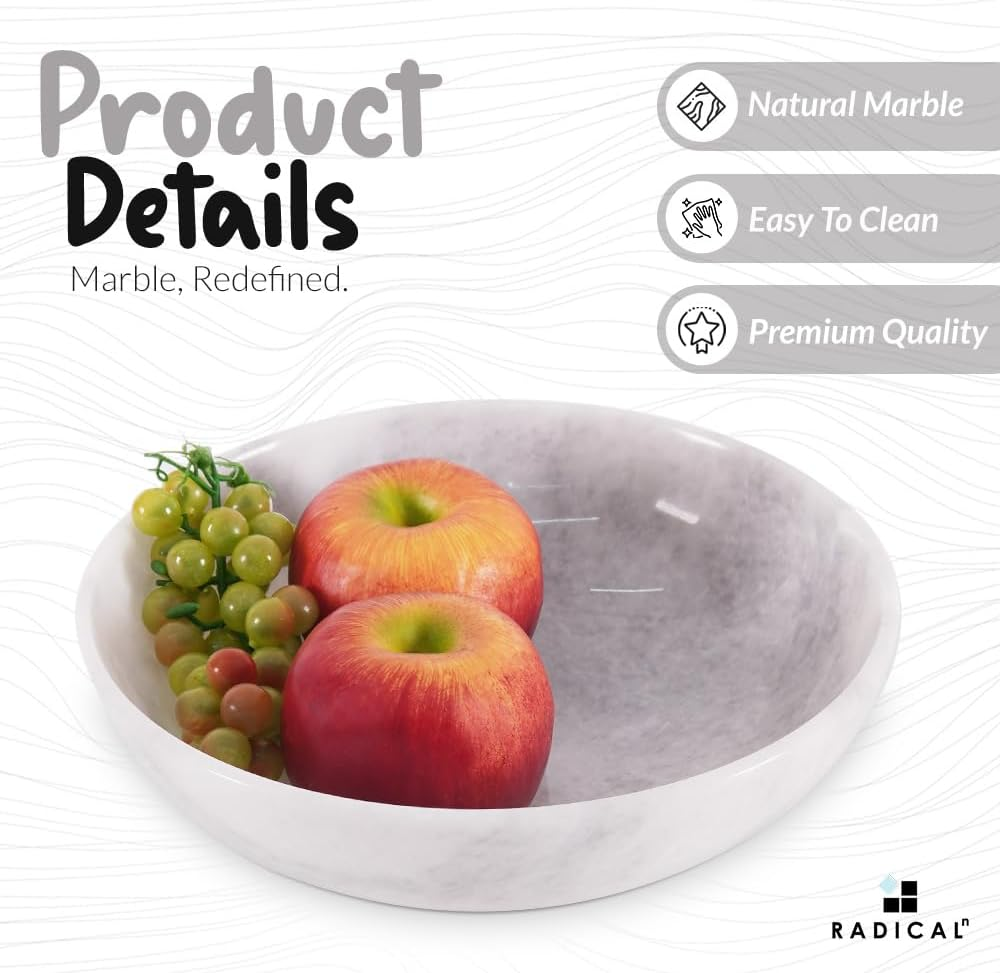 Radicaln Marble Fruit Bowl 10" Inches White Handmade Fruits Serving Bowl for Kitchen Organization Farmhouse Kitchen D&eacute;cor Fruits Holder for Dining Table image number 1