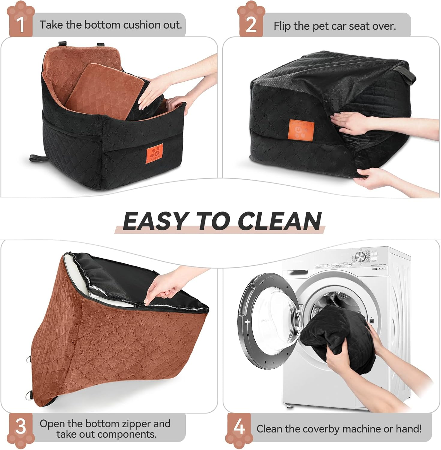 Dog Car Seat for Small/Medium Dogs, Dog Booster Car Seats with Thick Cushion for Dogs under 35Lbs, Detachable Washable Pet Car Seat with Storage Pockets, 2 Safety Belts (Black/Brown) image number 4