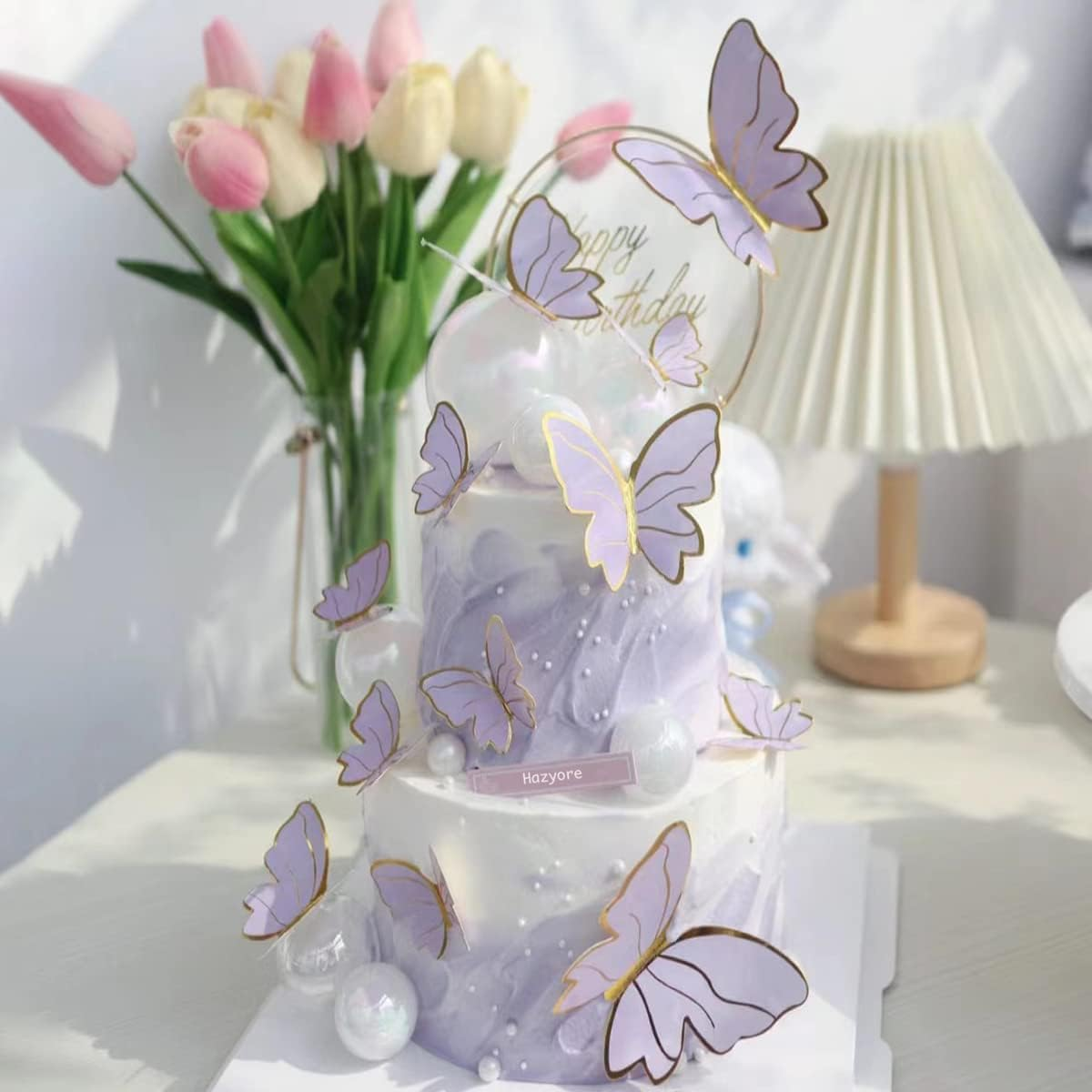 Purple Butterfly Cake Toppers, 11Pcs Butterfly Cupcake Toppers Happy Birthday Metal Gold Happy Birthday Cake Topper for Girls Women'S Birthday Cake Party Decorations image number 4