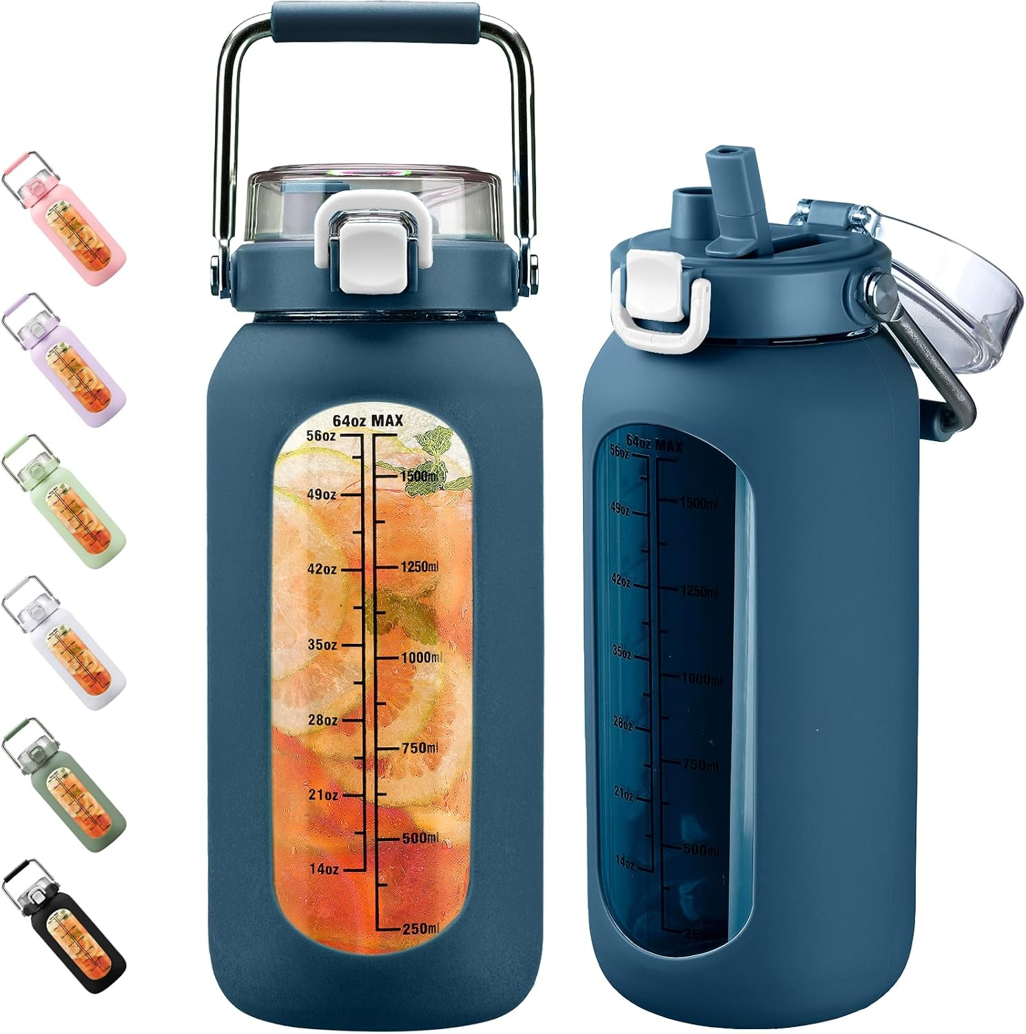 BLUEGO 2000 Ml Glass Water Bottle with Stainless Steel Handle and Time Marking, 2 L Drinking Bottle, Borosilicate Glass with Silicone Cover and Straw for Gym, Office, Outdoor, Sports, Water Bottles
