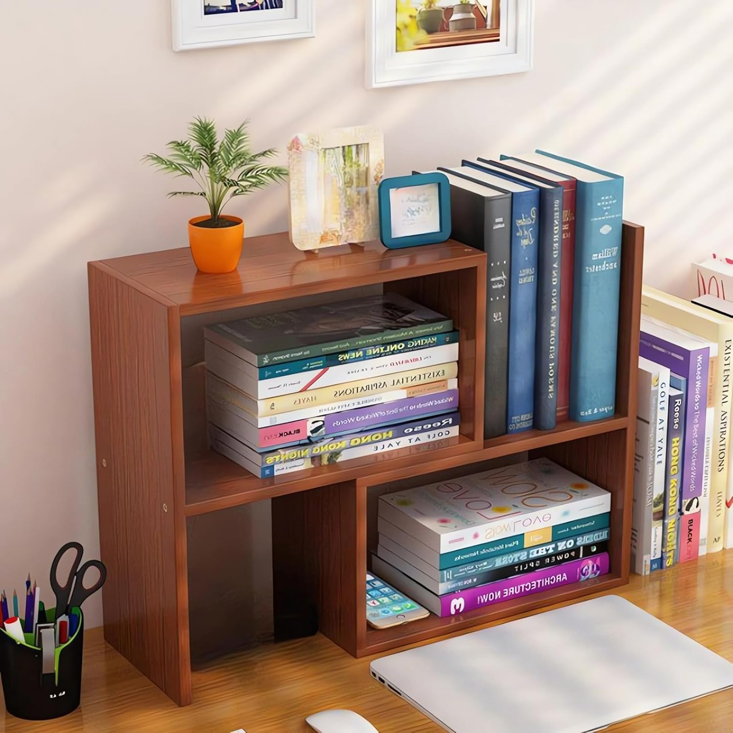 Desktop Wooden Bookshelf Organiser, Wood Bookcase, 3-Tier Storage Shelf for Books and Office Supplies A208 (A Coffee) - A Coffee image number 6
