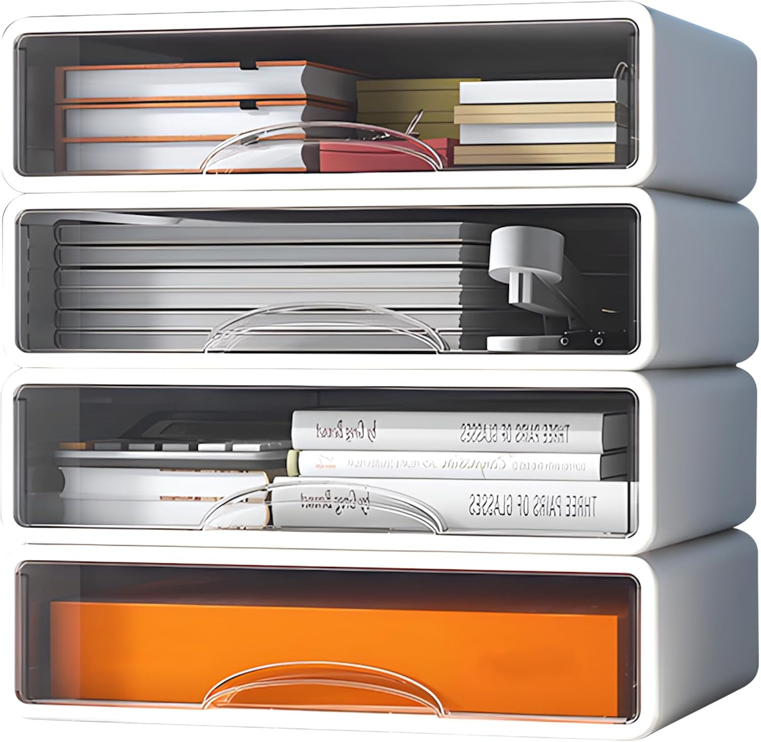 DAWNTREES Stackable Office Storage Box with Drawers｜ Desk Storage Box with 4 Drawers｜Organize Desk Accessories Plastic Desktop Storage Box，Desk Accessories (4S)