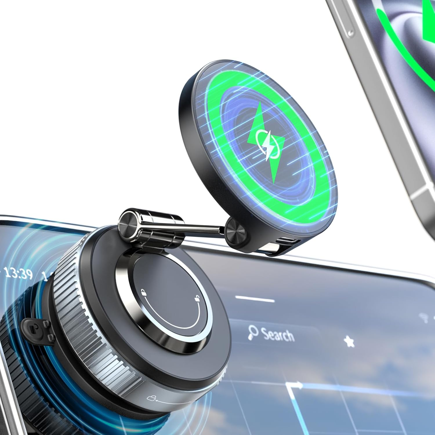 Cloudvalley 15W Magnetic Wireless Car Charger Mount, Nano Gel Vacuum Suction Cup Phone Holder for Dashboard & Windshield, Foldable 360&deg; Adjustable Cell Phone Charging Stand Compatible with Magsafe image number 1