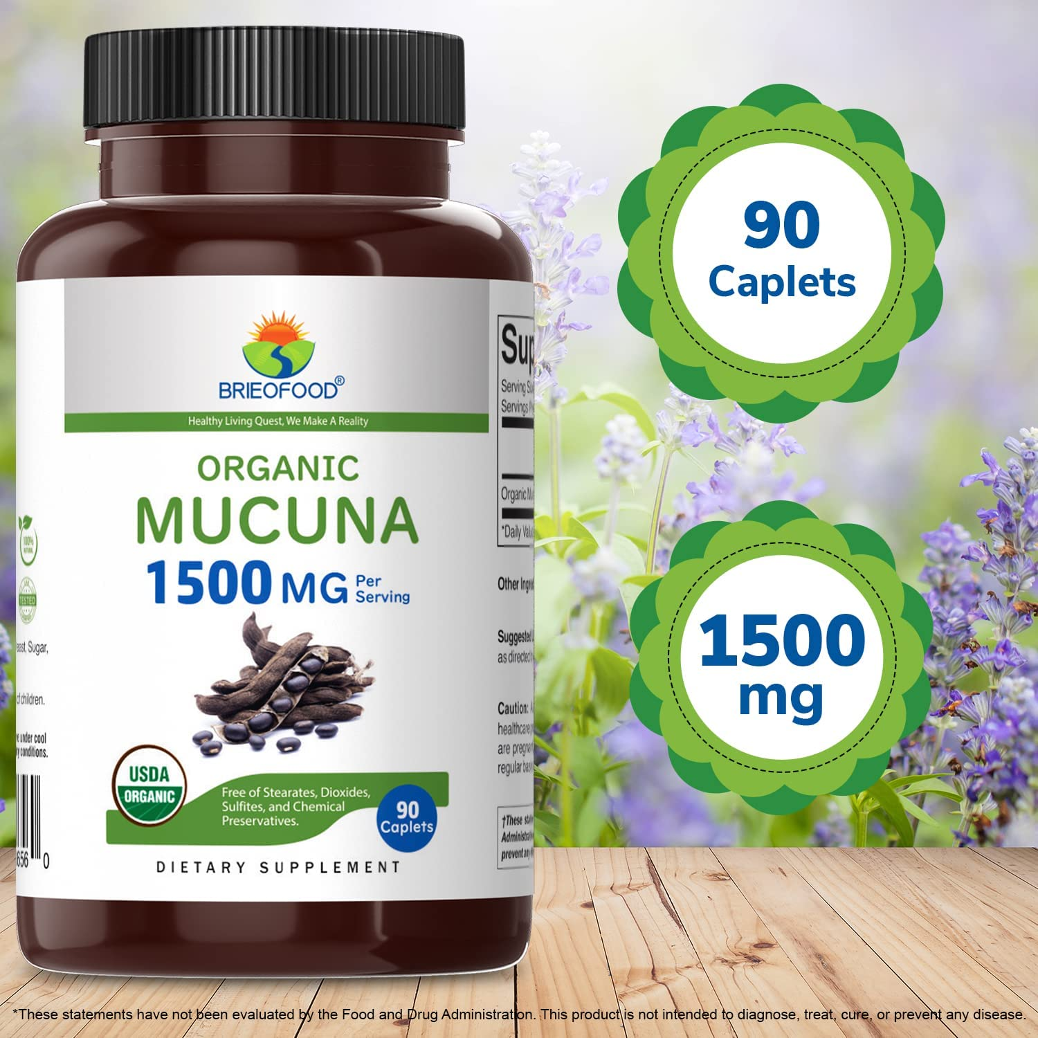 Brieofood Organic Mucuna 1500Mg, 45 Servings, Vegetarian, Gluten Free, 90 Vegetarian Tablets image number 3