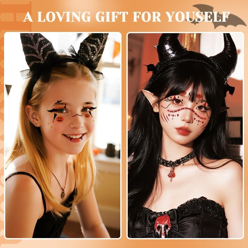 Halloween Face Eye Tattoo Sticker Pumpkin Bat Costumes Accessories for Women Halloween Cosplay Masquerade Party Bloody Eyeliner Stickers Temporary Makeup Tattoos for Girls image number 3
