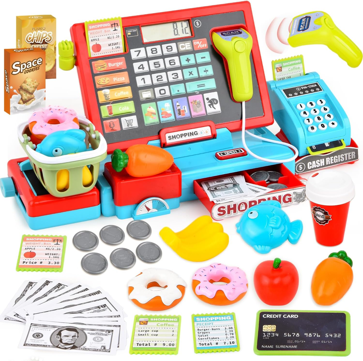 Cash Register Toys for Kids Pretend Play Store Supermarket Cash Register with Real Calculator,Scanner,Food,Microphone, Educational Learning Toy Playset Gift for Toddler Boy Girl (Blue)