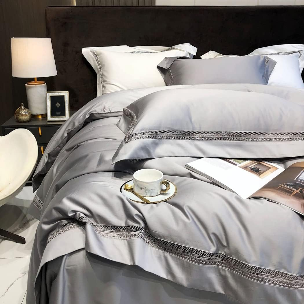 Modern Minimalist Hollow Edge Long-Staple Cotton Four-Piece Set Cotton Cotton Solid Color Quilt Cover Bedding,Silver,2200 * 2400Mm image number 2