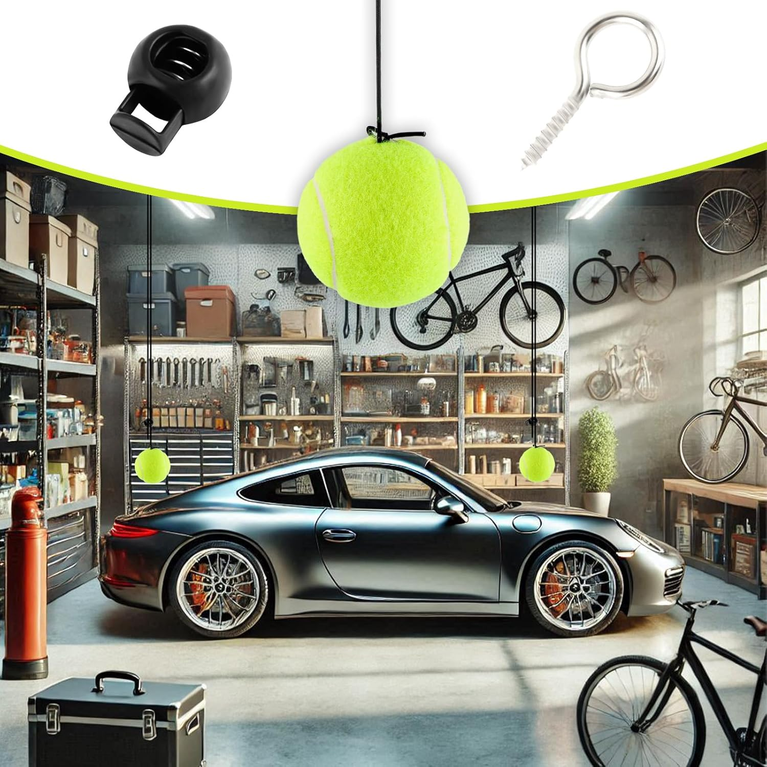 Figpade 2PCS Tennis Ball Garage Parking Aid,Garage Tennis Ball Parking Aid with Adjustable Height Lanyard for Guided Parking,Kit with 2 Tennis Garage Car Stopper,2 Screw Hooks,2 Spring Clips image number 4