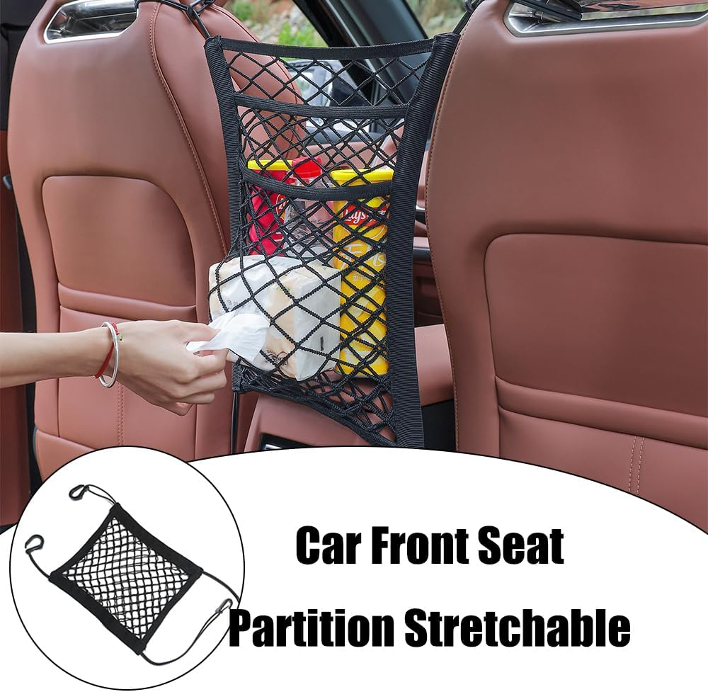 1 Pcs Car Front Seat Partition Stretchable Net, 11.8" X 11.8" Portable Storage Double Layer Coarse Net Clip-Installation Pet Anti-Fall Safety Barrier, Safety Travel Accessory (Black) (Large) image number 4