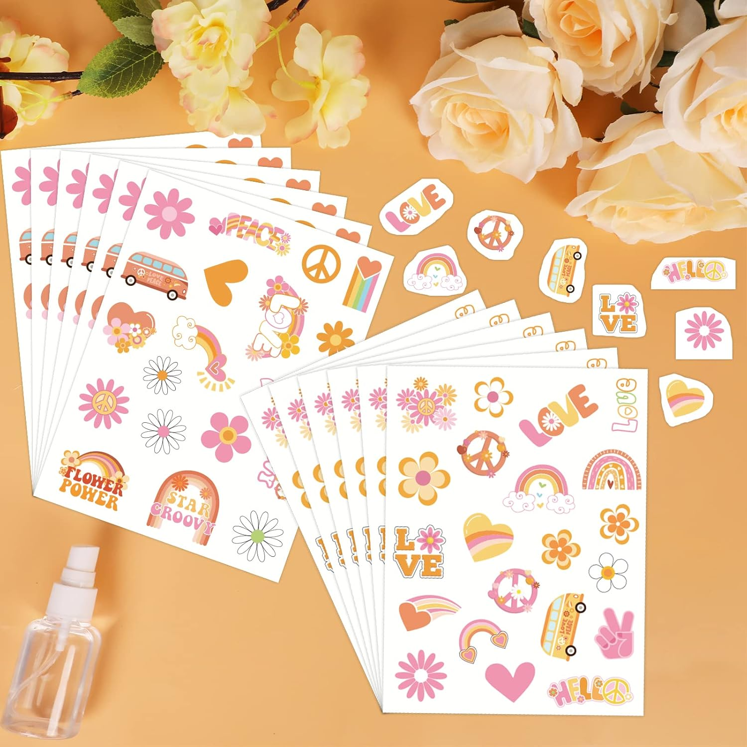 280Pcs Hippie Theme Temporary Tattoos Stickers 70'S Theme Tattoos Stickers Hippie Face Body Sticker for Adults and Kids Cute Cartoon Printing Groovy Assorted Groovy Party Supplies image number 1
