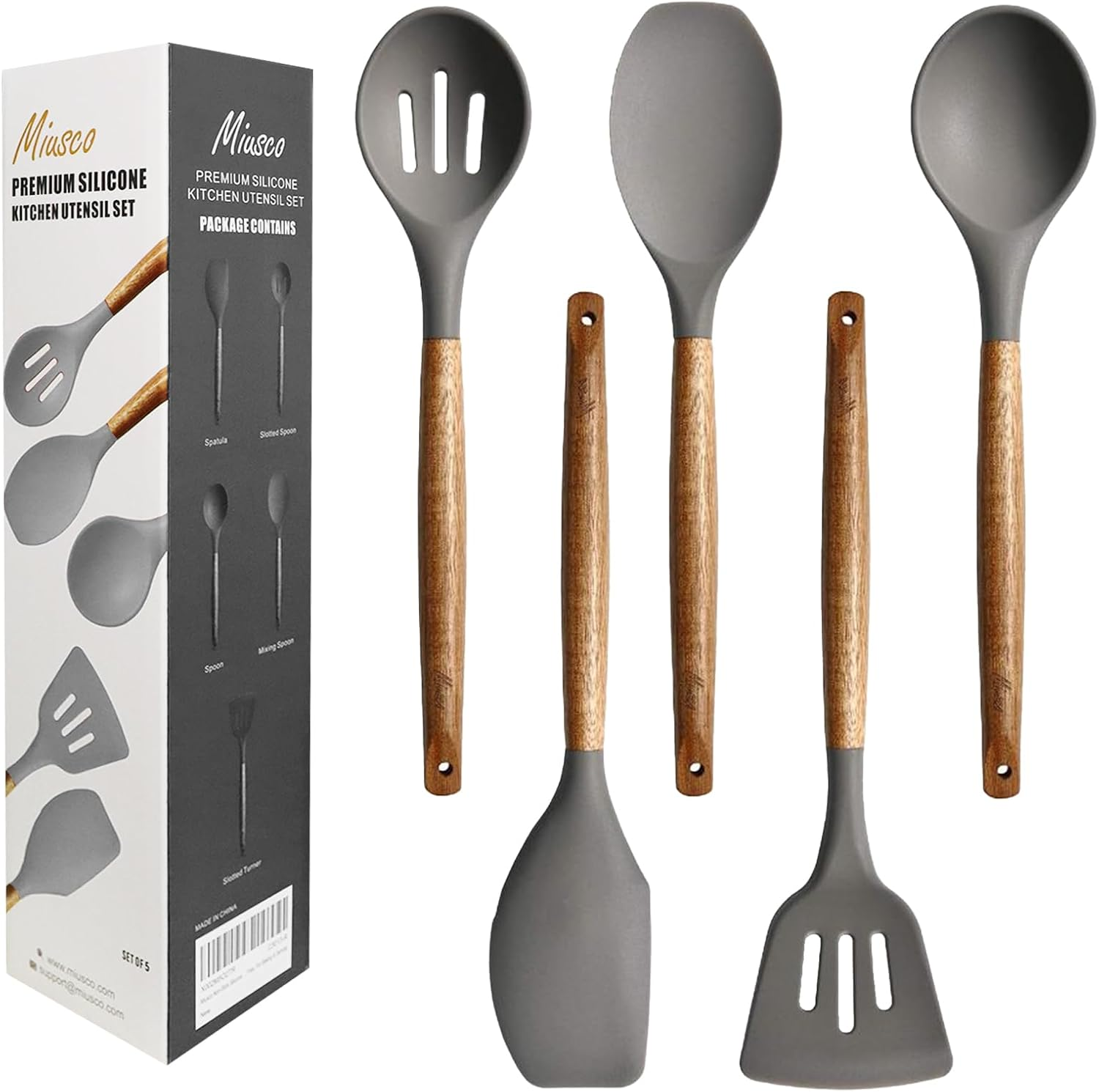 Miusco 5 Piece Silicone Cooking Utensil Set with Natural Acacia Hard Wood Handle, Grey image number 3