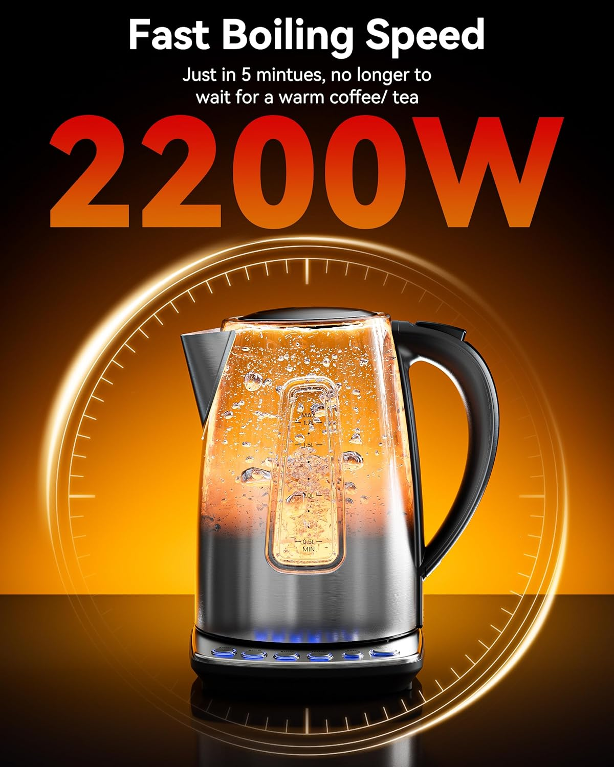 Billord Electric Kettle - 2200W Stainless Steel Kettle for Coffee & Tea, 1.7L Water Boiler with Temperature Control, Fast Boiling Water Kettles with Detachable Base, Auto Shut-Off, Boil-Dry Protection image number 4