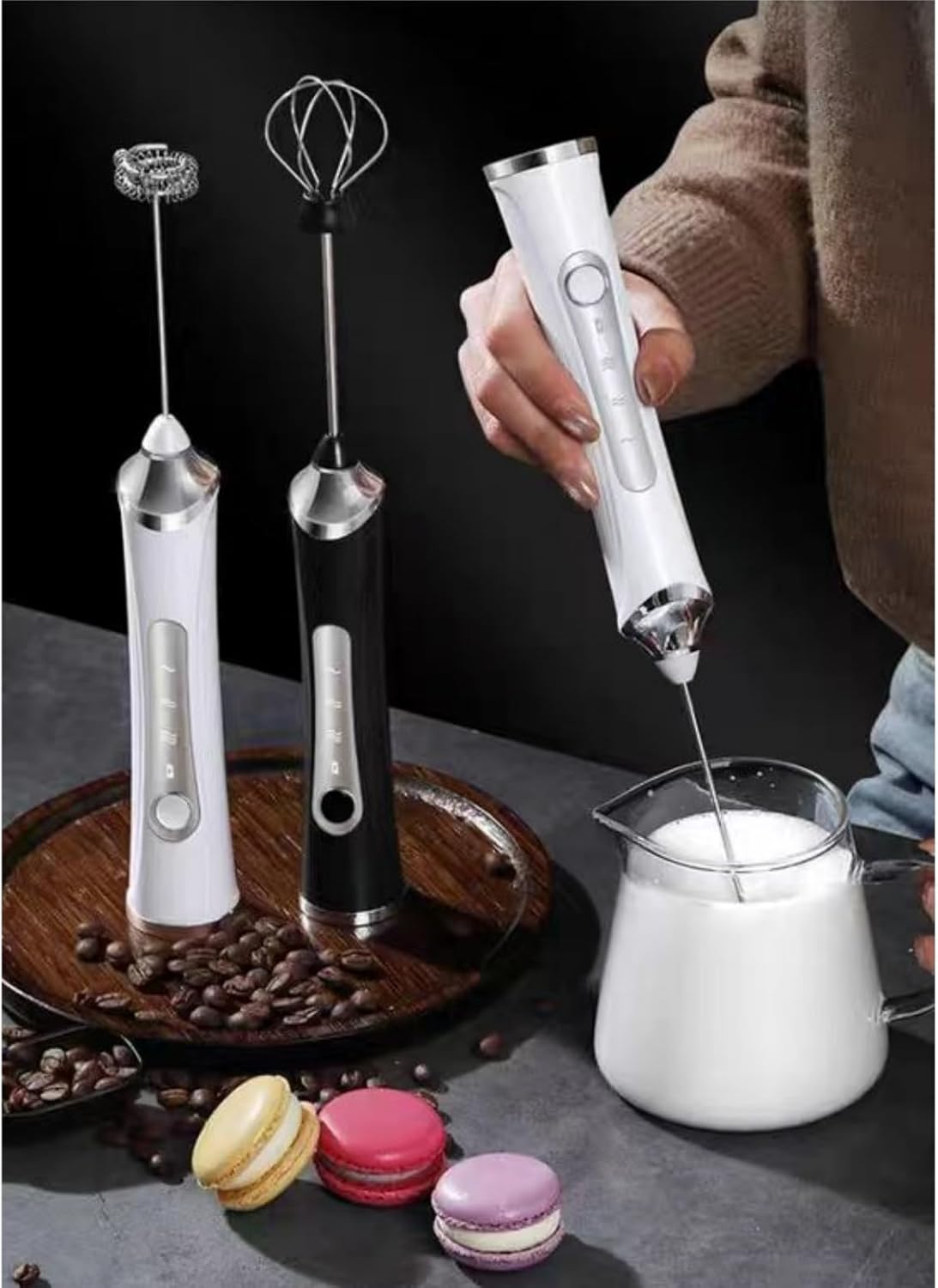 Rechargeable Milk Frother Handheld Blender, Dual-Use, 2 Heads, 3 Speeds, Usb-Powered, Easy Clean, Stainless Steel Whisk, Perfect for Coffee, Latte, Cappuccino, Desserts and Egg, White image number 4